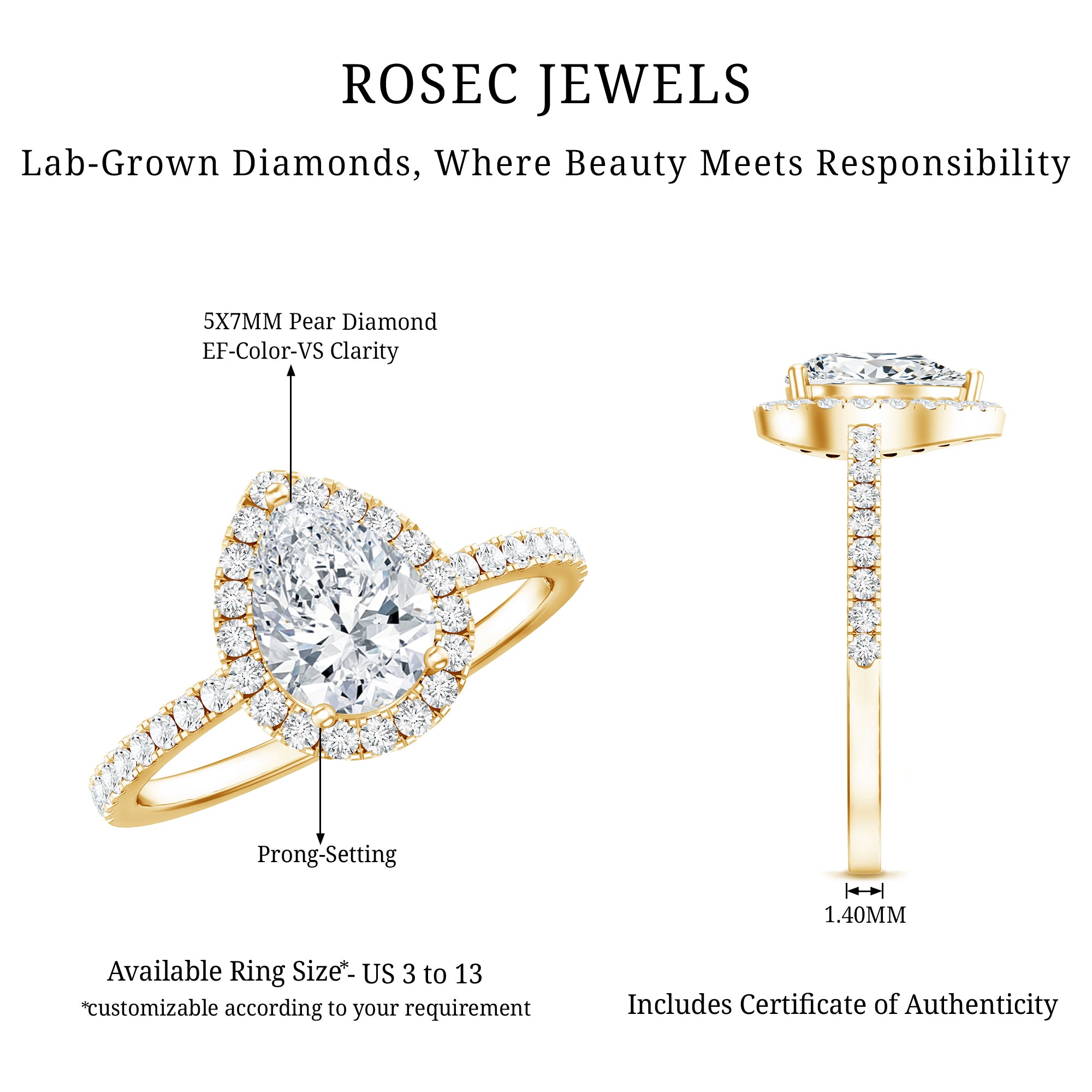 Certified Moissanite Teardrop Engagement Ring with Halo D-VS1 - Rosec Jewels