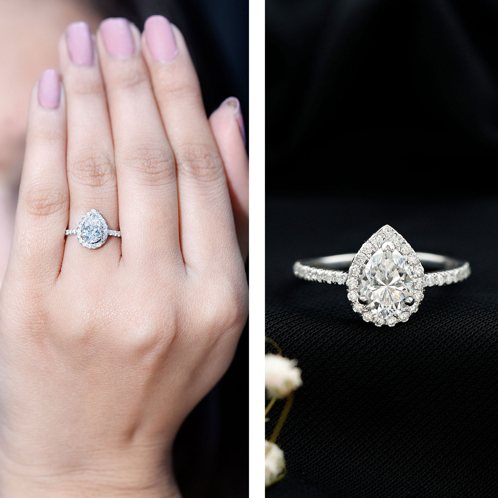 Pear Shape Moissanite Halo Engagement Ring for Women D-VS1 - Rosec Jewels