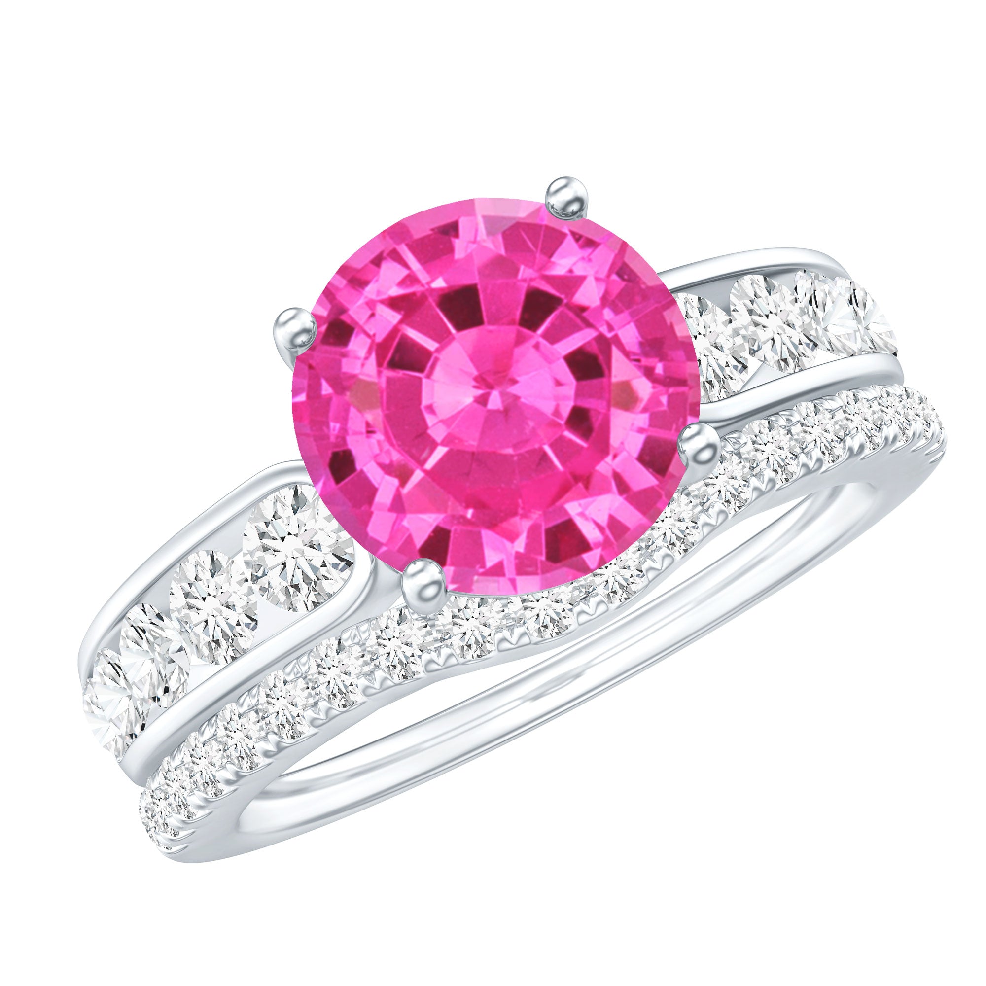 Lab Grown Pink Sapphire and Moissanite Solitaire Bridal Ring Set