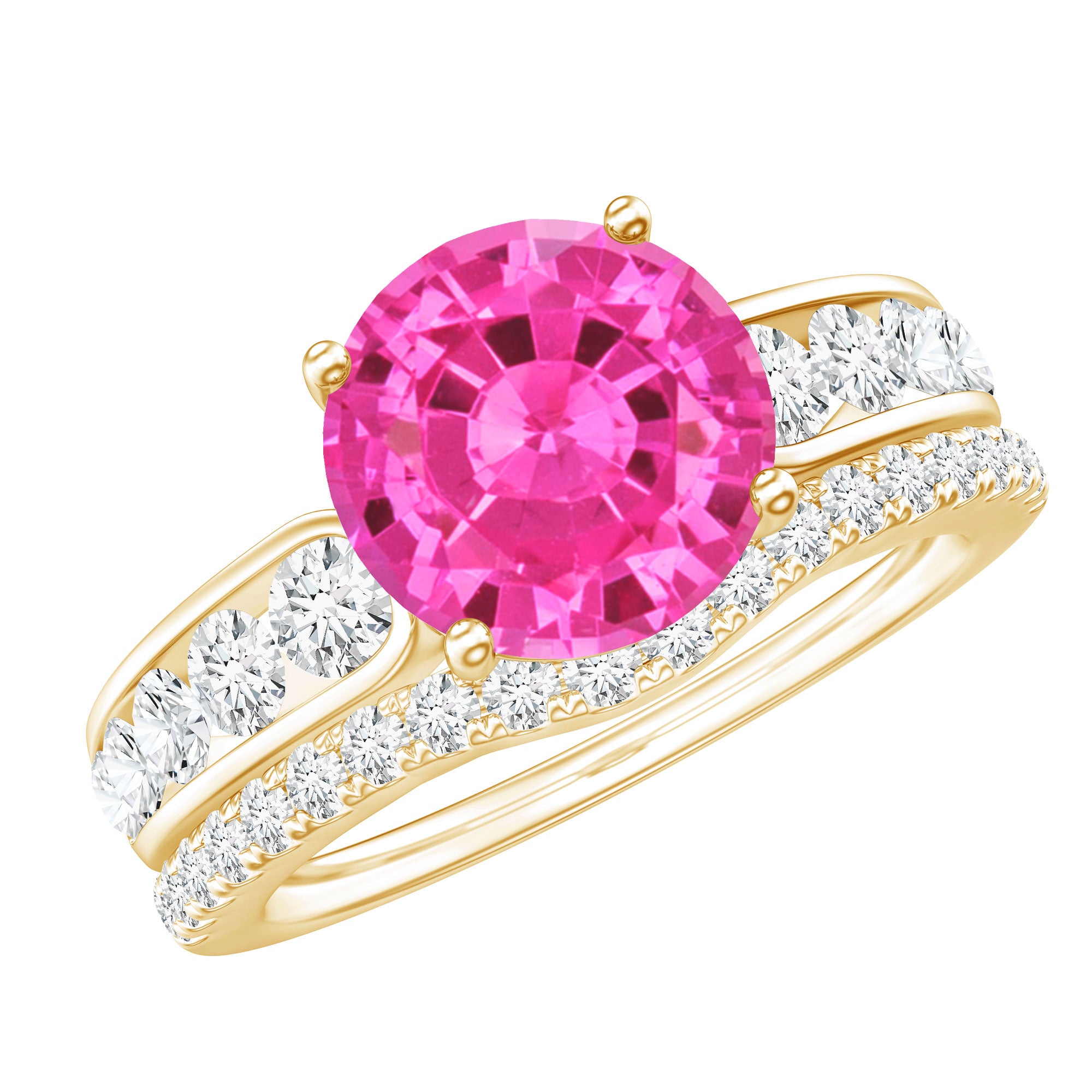 2.25 Carat Lab Grown Pink Sapphire Solitaire Bridal Ring Set AAAA - Rosec Jewels