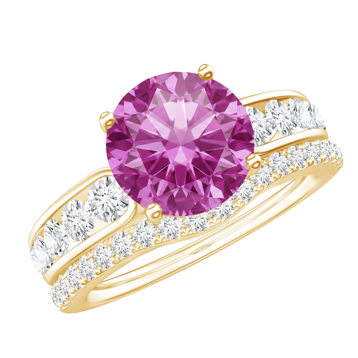 2.25 Carat Lab Grown Pink Sapphire Solitaire Bridal Ring Set AAAA - Rosec Jewels