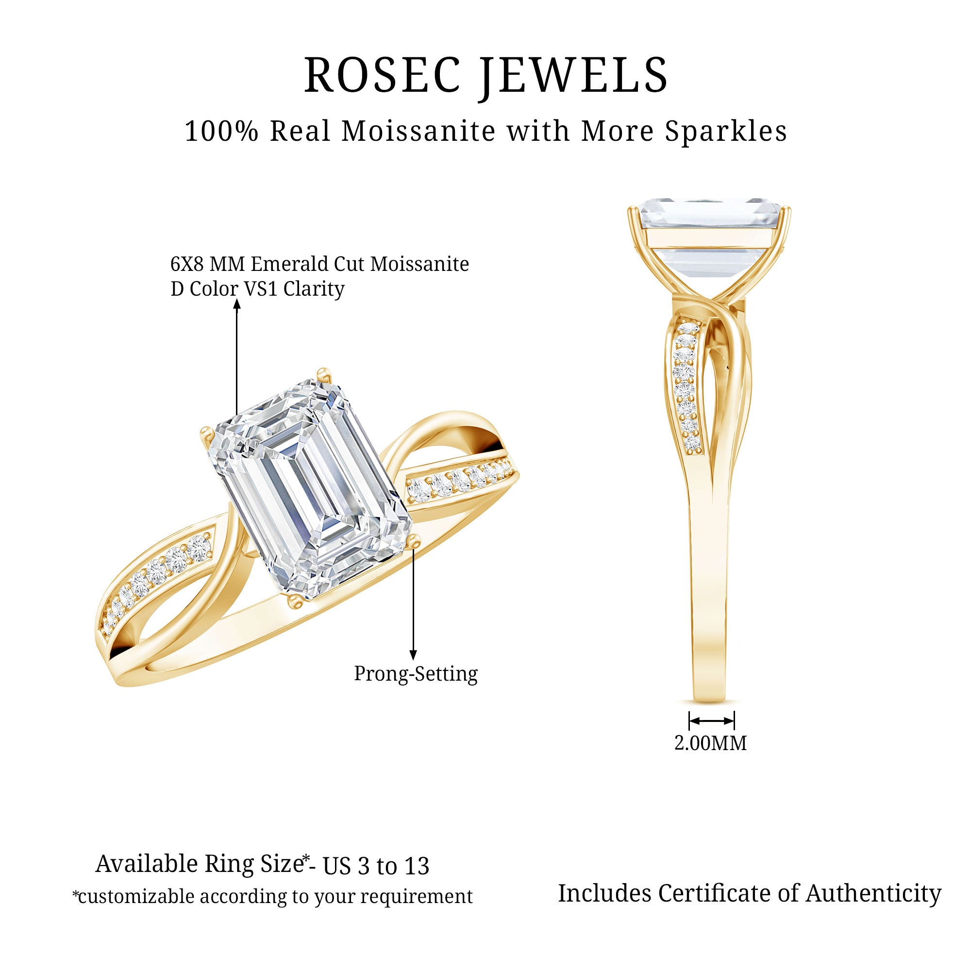 Certified 6X8 MM Emerald Cut Moissanite Infinity Engagement Ring D-VS1 - Rosec Jewels