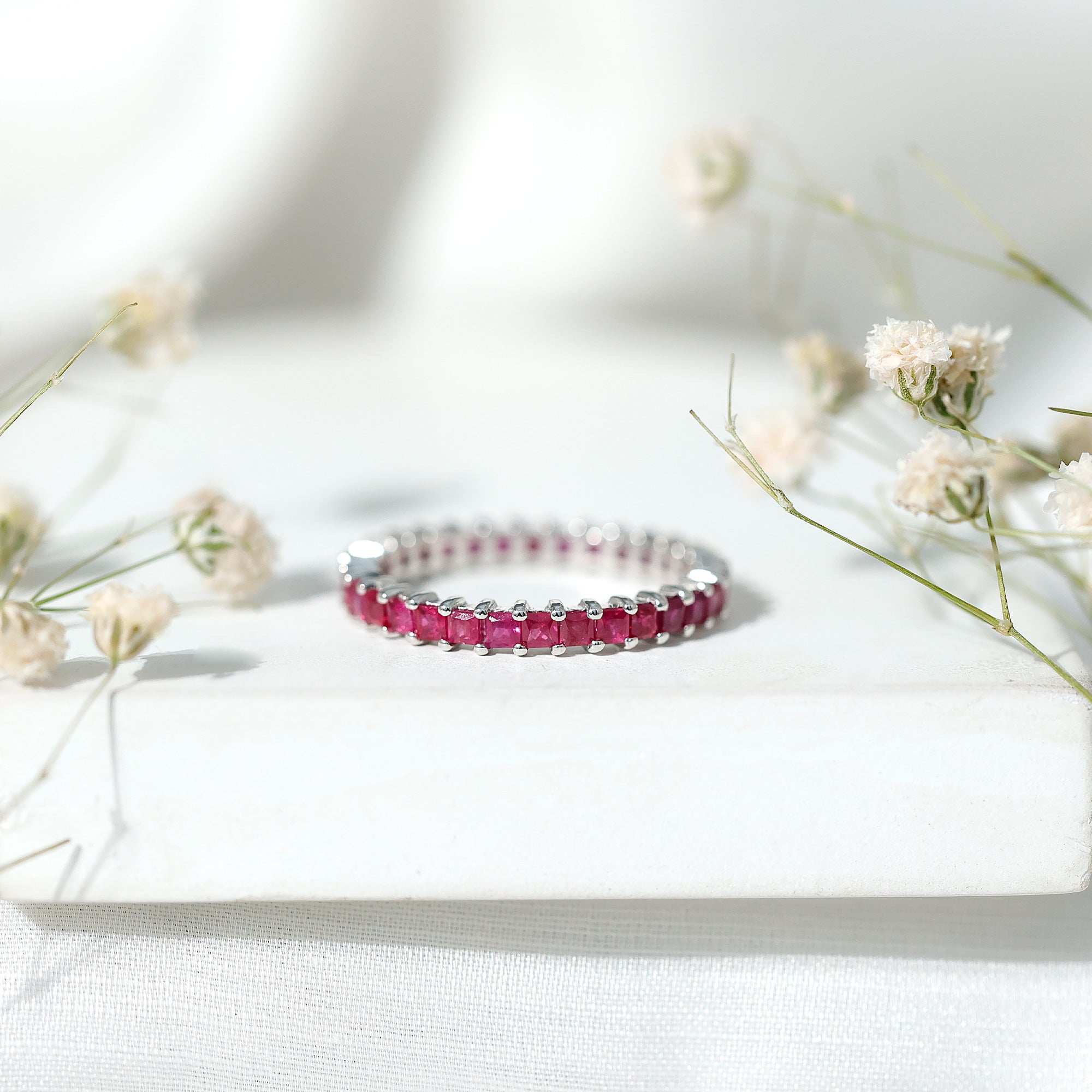 Princess Cut Ruby Eternity Ring – Thin Ruby Wedding Band in Shared Prong Setting | Real AAA Ruby AAA - Rosec Jewels