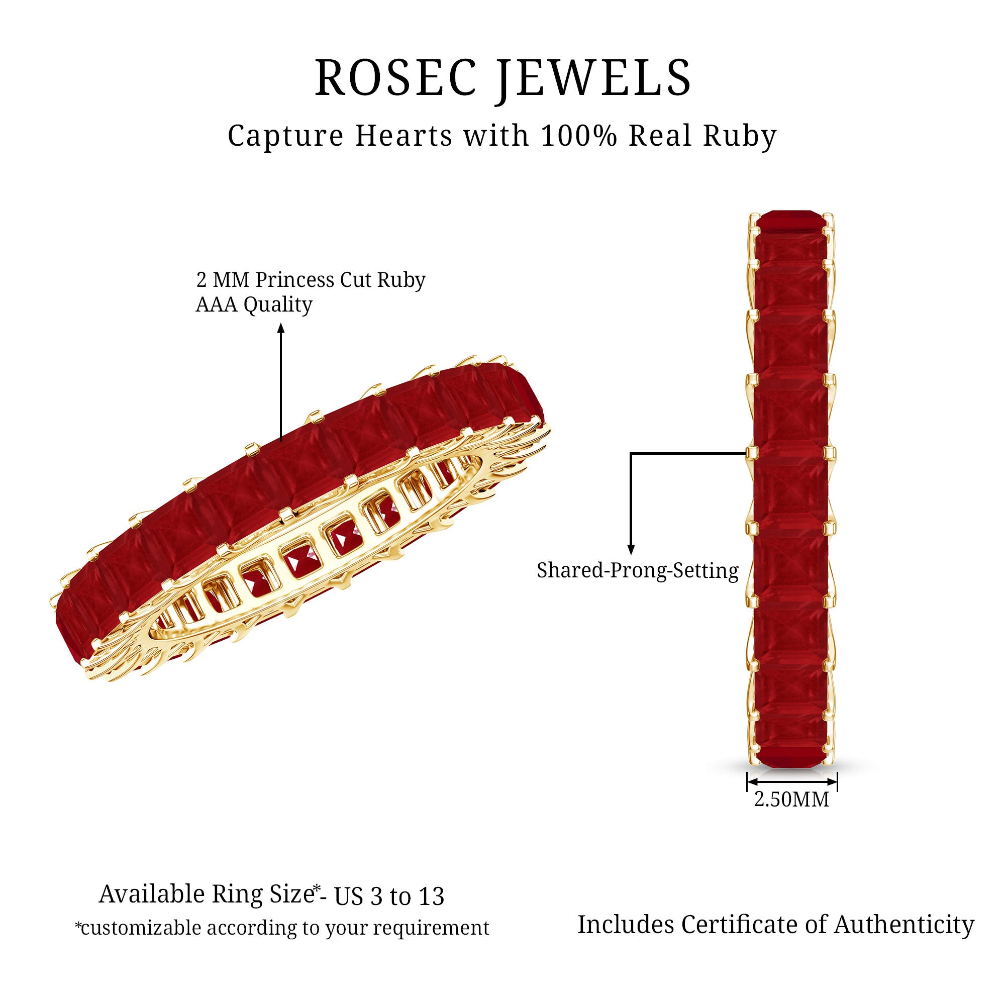 Princess Cut Ruby Eternity Ring – Thin Ruby Wedding Band in Shared Prong Setting | Real AAA Ruby AAA - Rosec Jewels