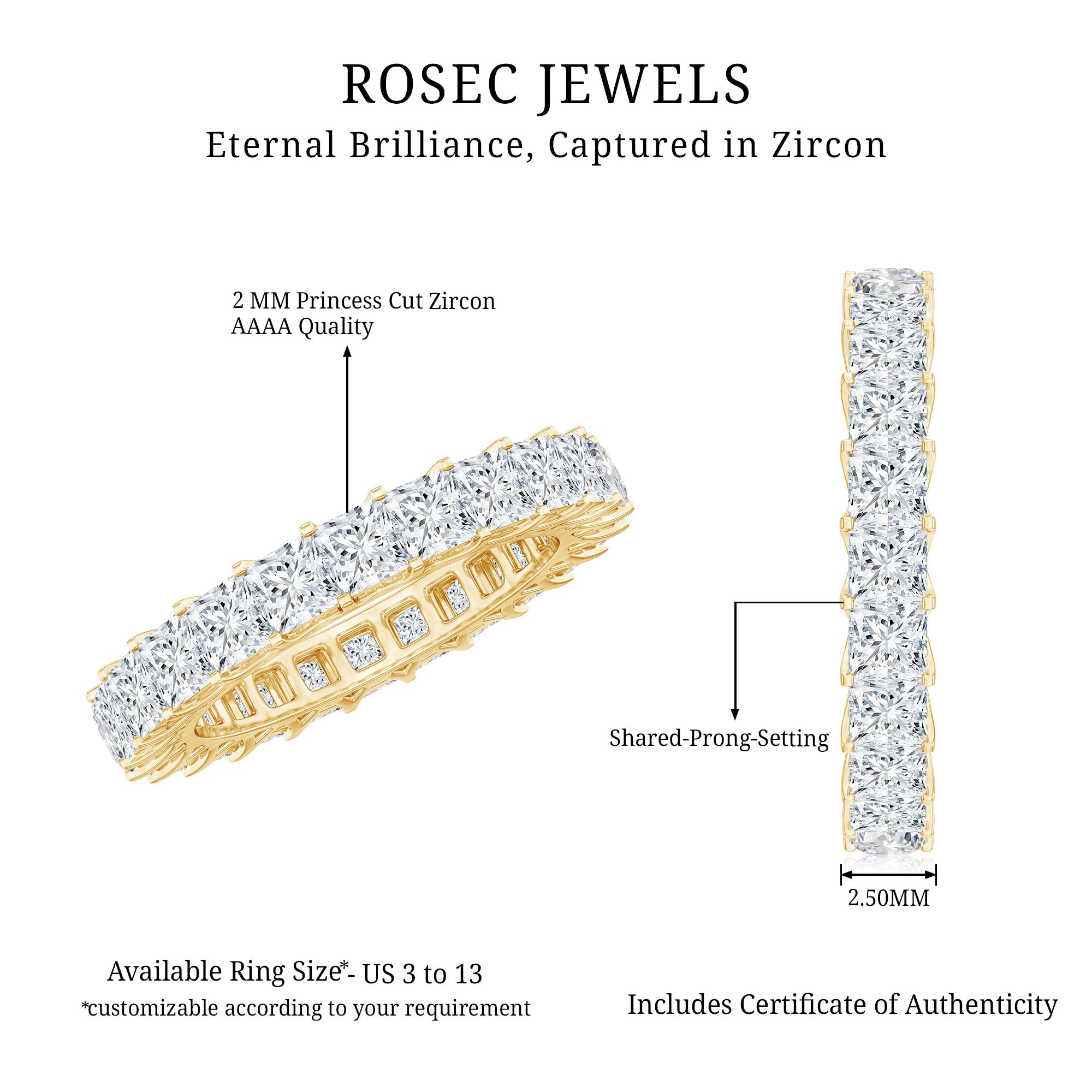 Rosec Jewels-Princess Cut Cubic Zirconia Eternity Wedding Band Ring with Certificate