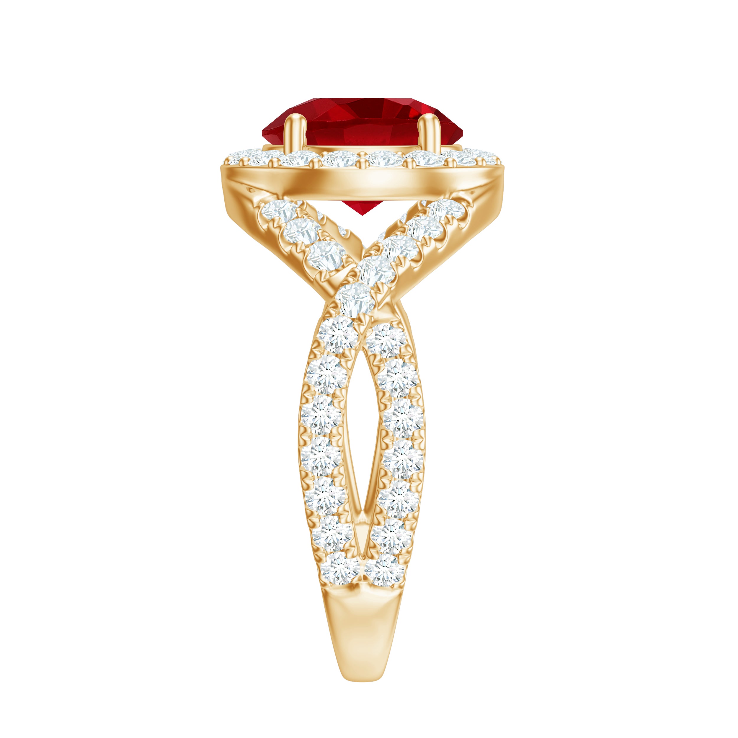 Round Created Ruby Crossover Engagement Ring With Moissanite AAAA - Rosec Jewels