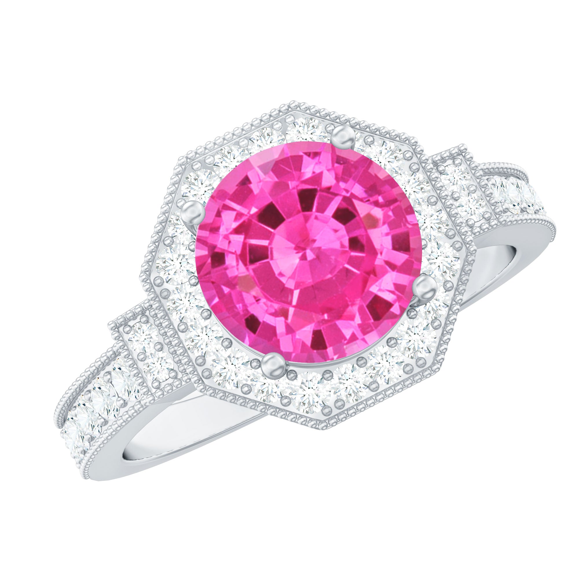 Lab Created Pink Sapphire Vintage Engagement Ring with Diamond Halo