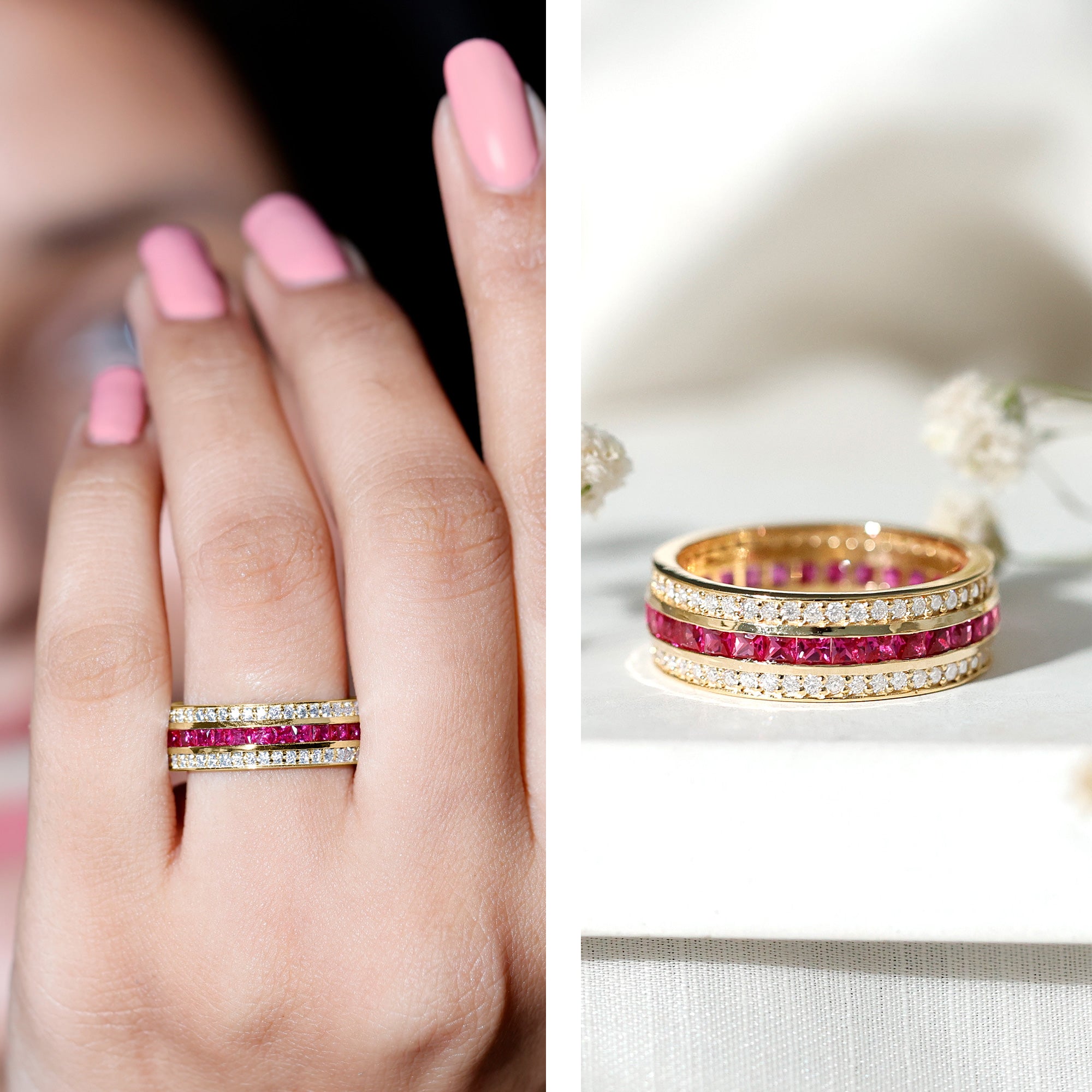 Rosec Jewels-Lab Created Ruby Three Row Wedding Band for Women