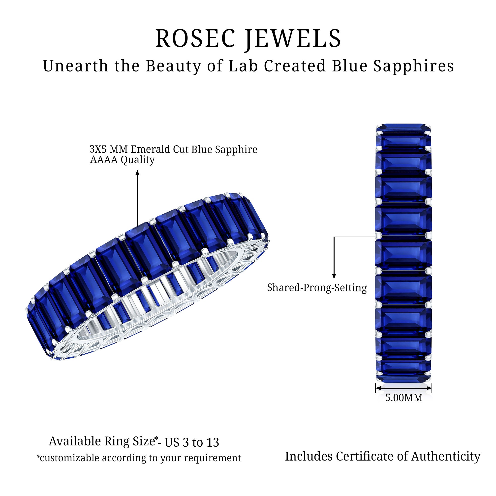 Certified Emerald Cut Lab Grown Blue Sapphire Eternity Band Ring AAAA - Rosec Jewels
