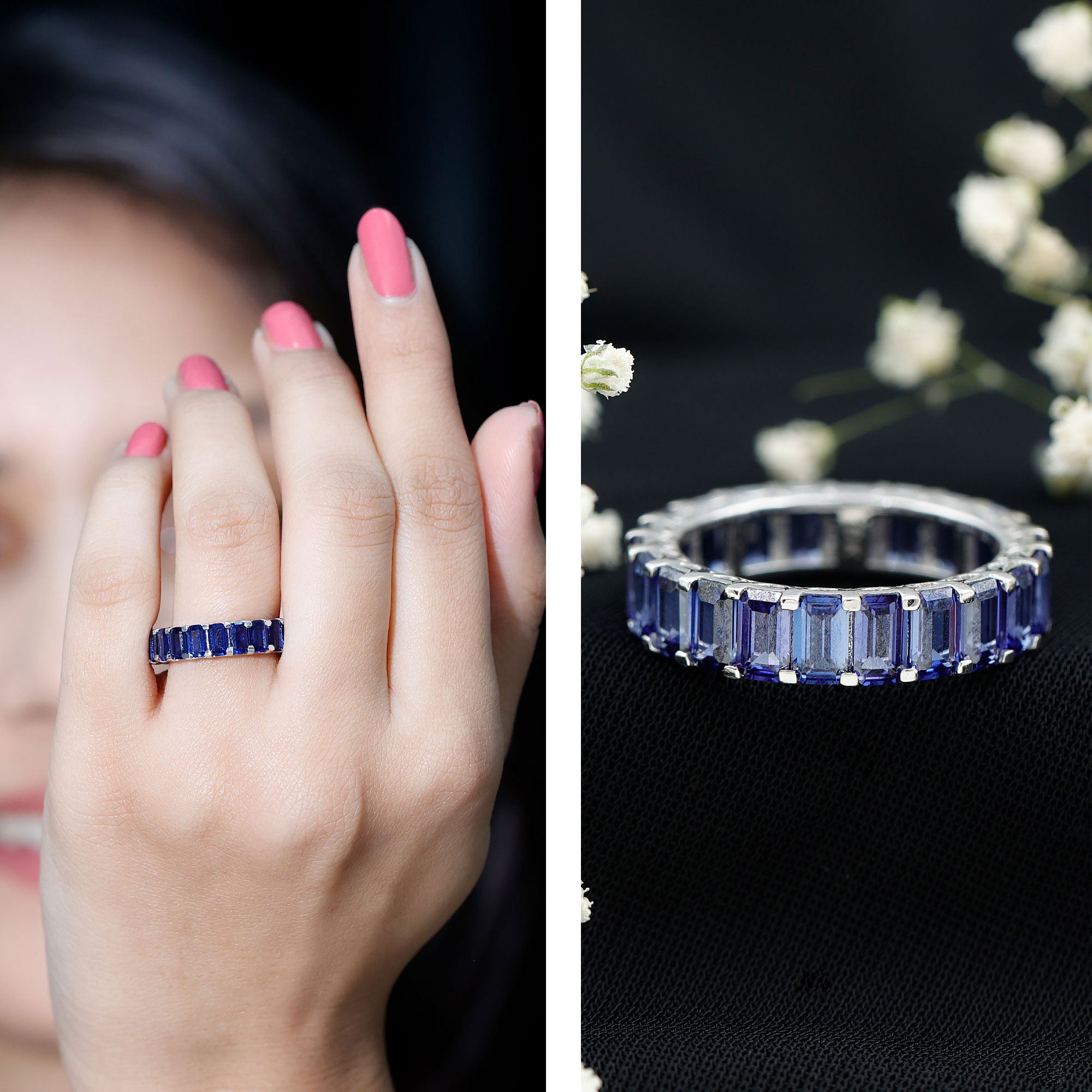 Certified Emerald Cut Lab Grown Blue Sapphire Eternity Band Ring AAAA - Rosec Jewels
