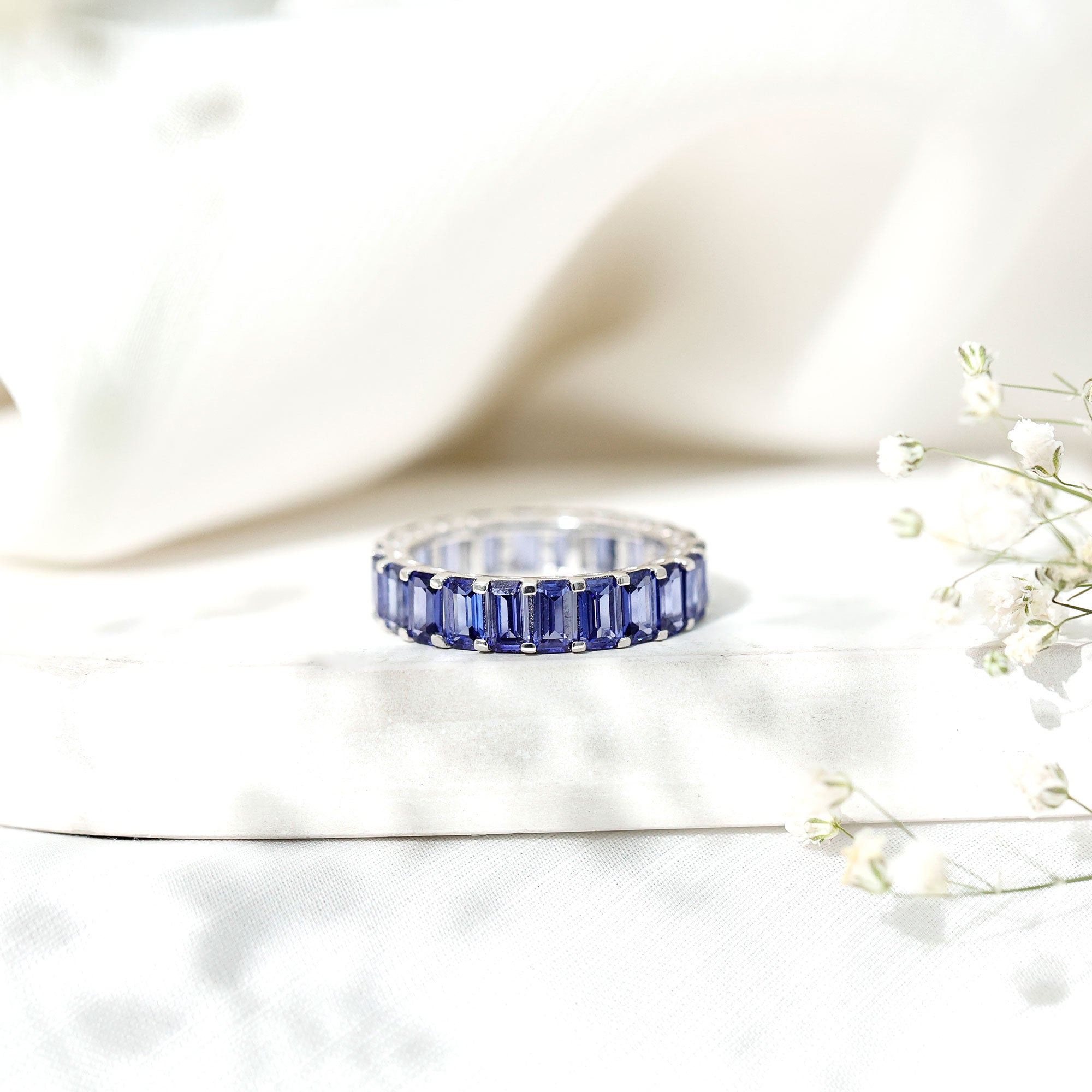 Certified Emerald Cut Lab Grown Blue Sapphire Eternity Band Ring AAAA - Rosec Jewels