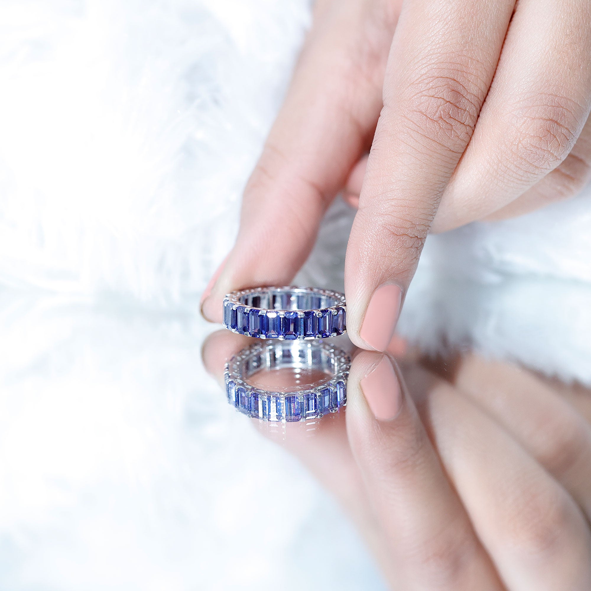 Certified Emerald Cut Lab Grown Blue Sapphire Eternity Band Ring AAAA - Rosec Jewels
