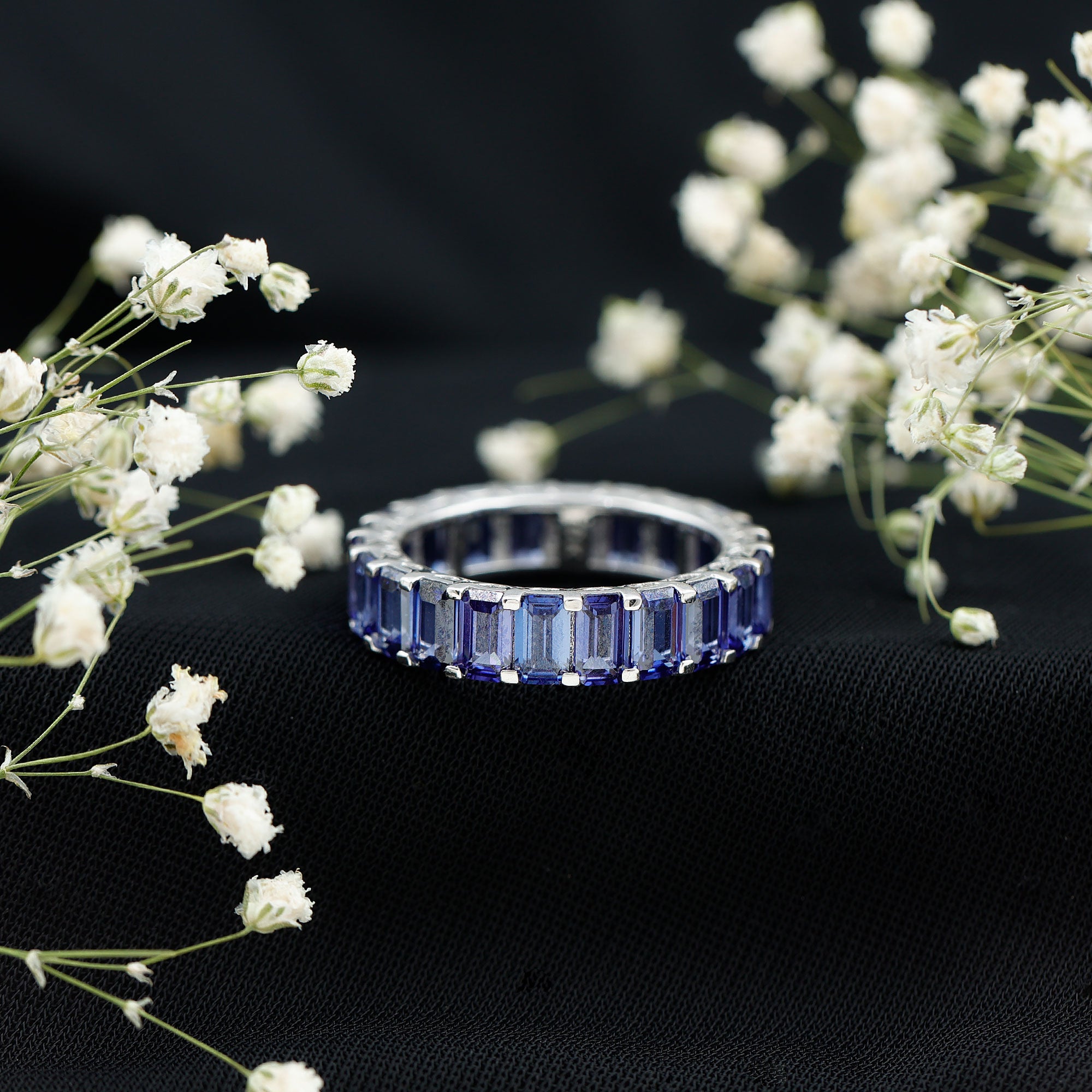 Certified Emerald Cut Lab Grown Blue Sapphire Eternity Band Ring AAAA - Rosec Jewels