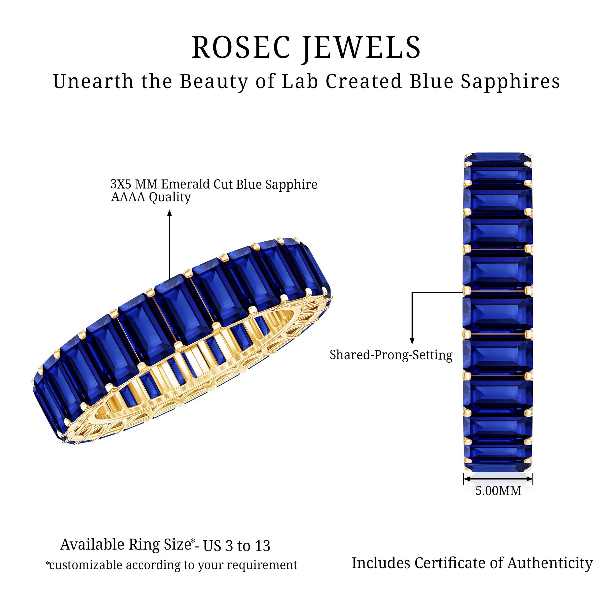 Certified Emerald Cut Lab Grown Blue Sapphire Eternity Band Ring AAAA - Rosec Jewels