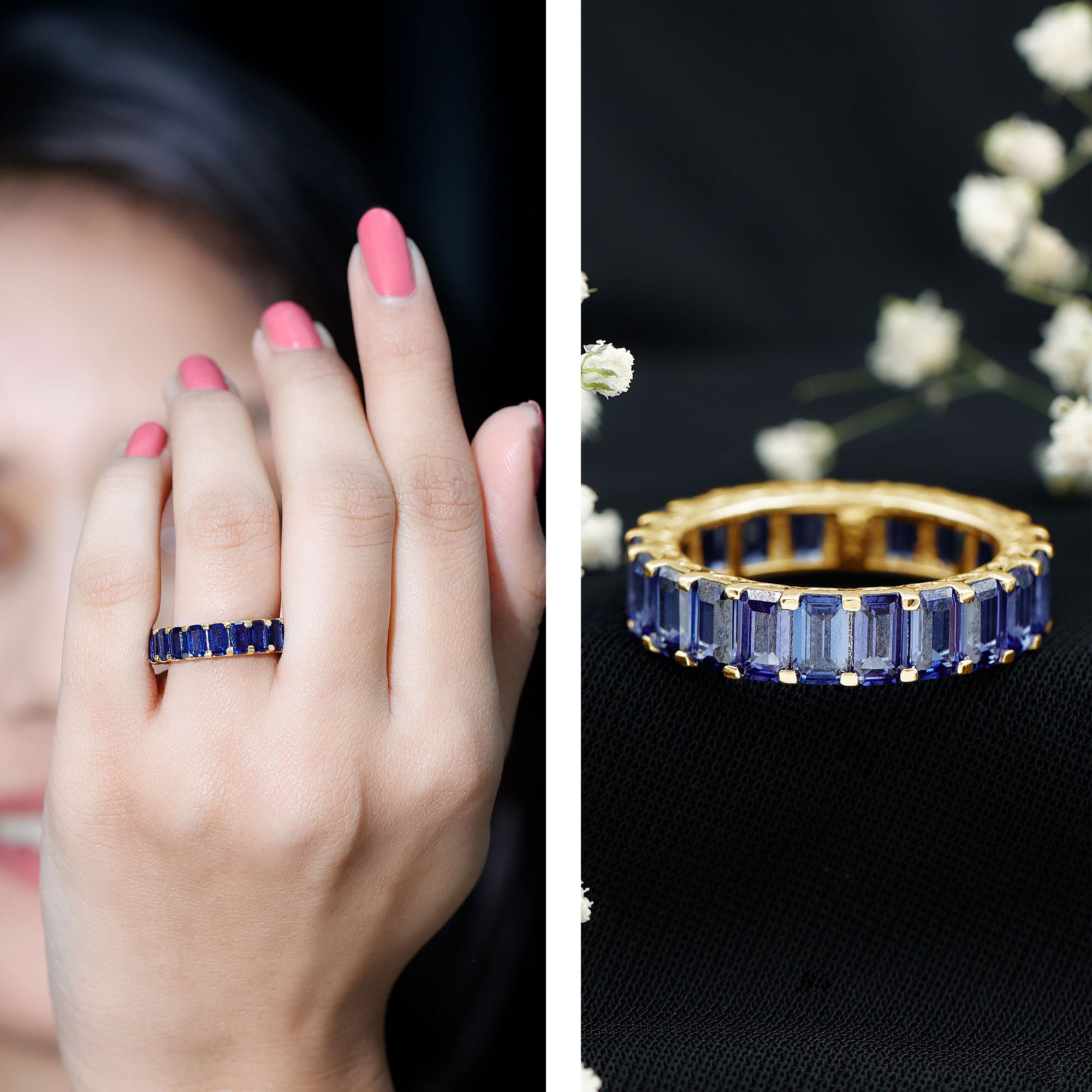 Certified Emerald Cut Lab Grown Blue Sapphire Eternity Band Ring AAAA - Rosec Jewels