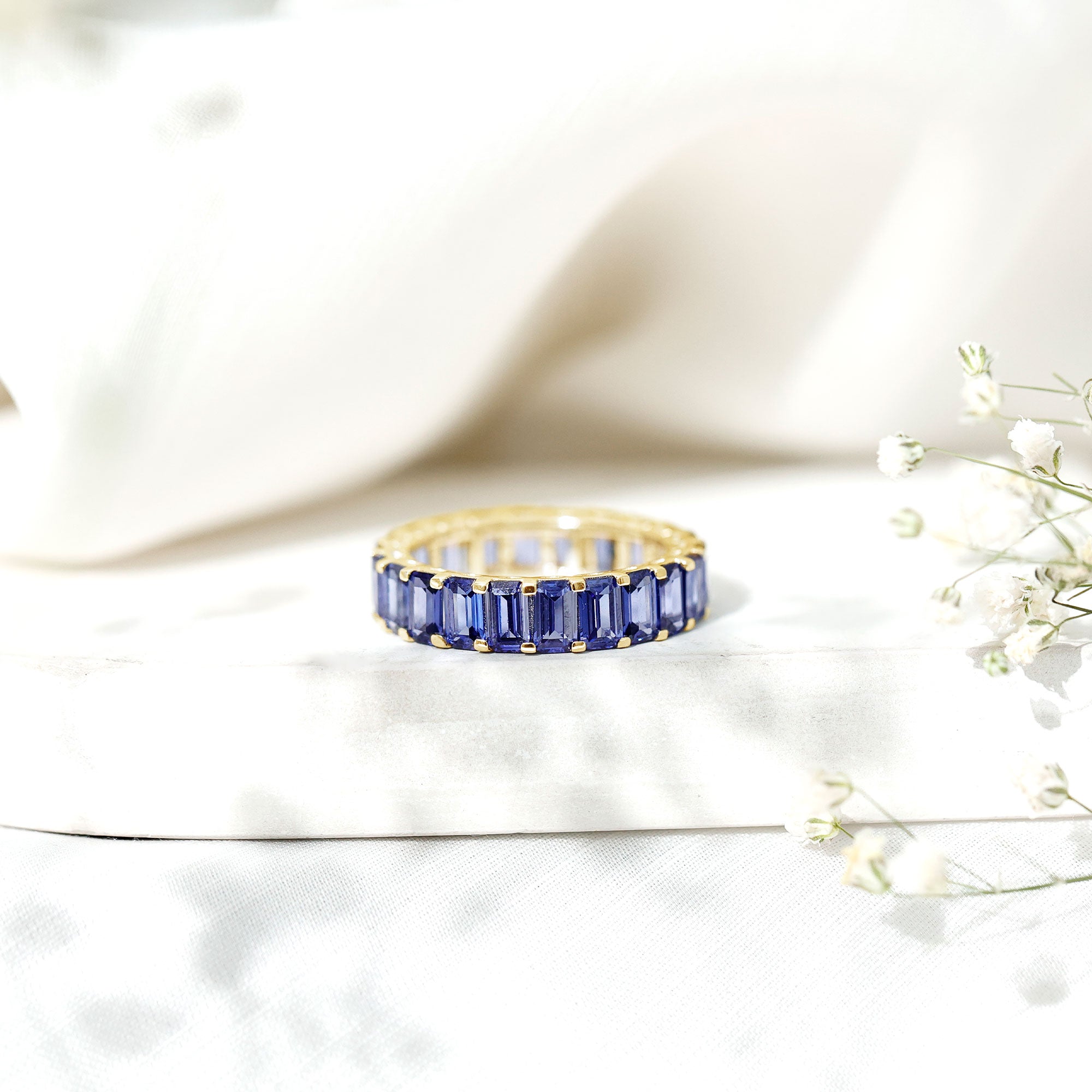 Certified Emerald Cut Lab Grown Blue Sapphire Eternity Band Ring AAAA - Rosec Jewels