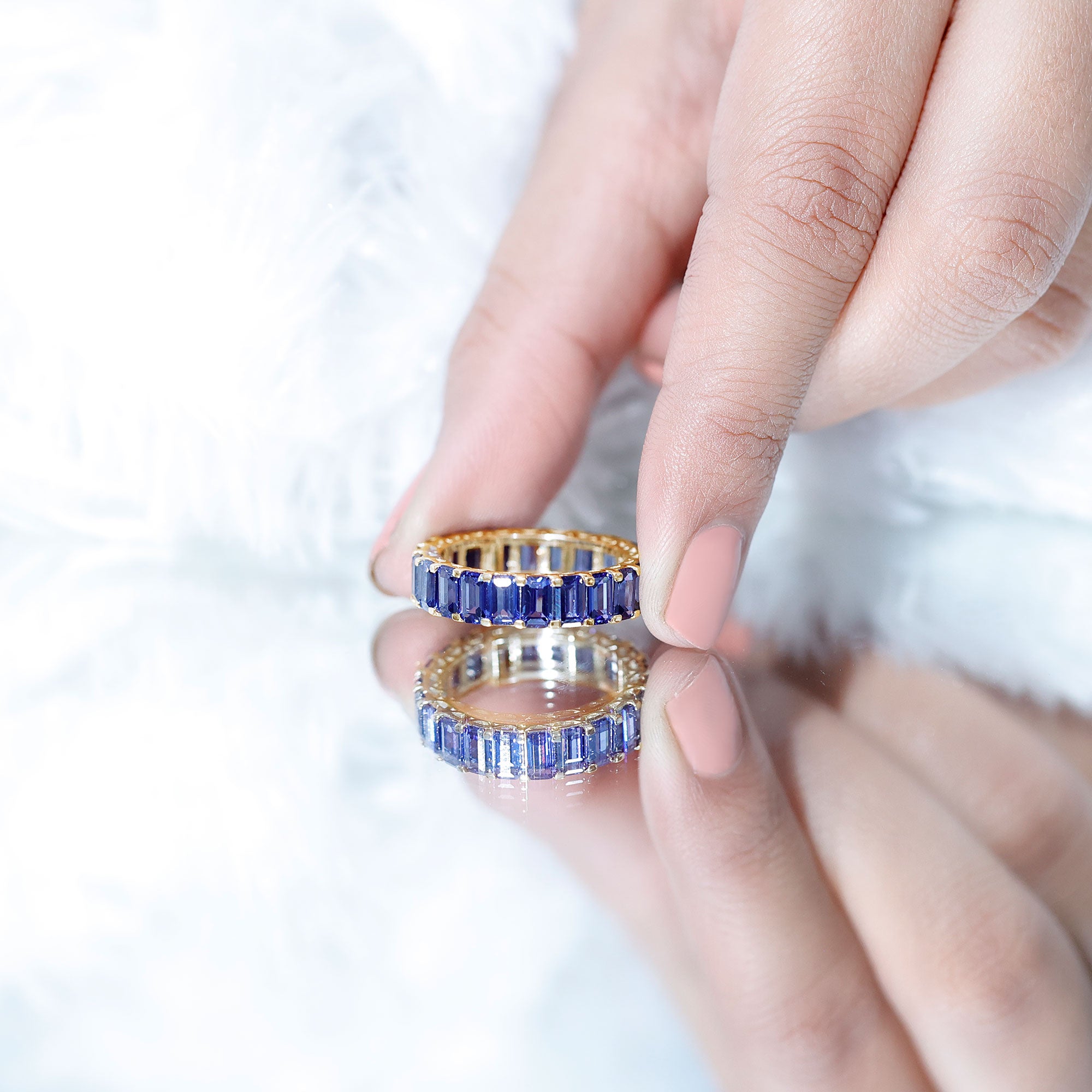 Certified Emerald Cut Lab Grown Blue Sapphire Eternity Band Ring AAAA - Rosec Jewels