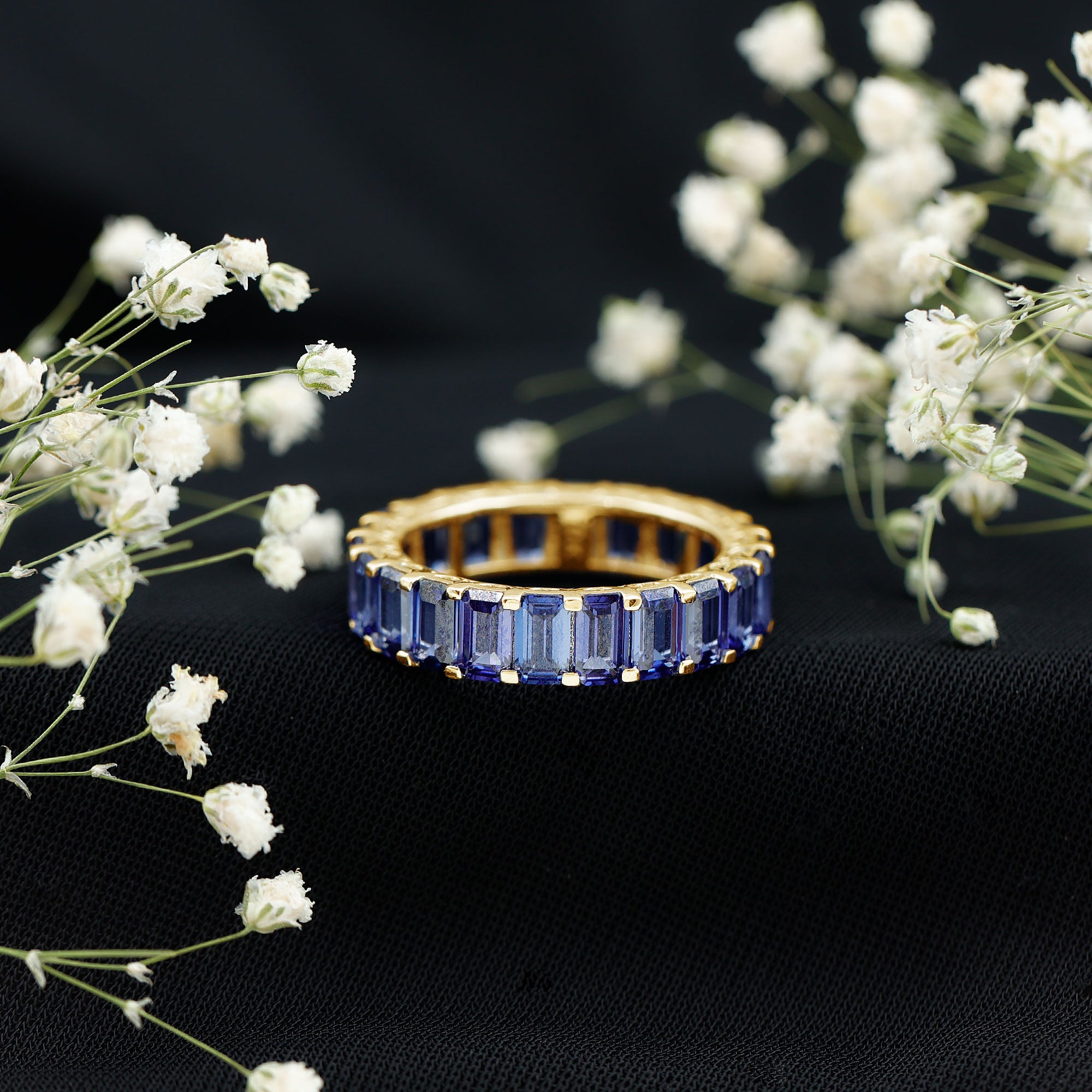 Certified Emerald Cut Lab Grown Blue Sapphire Eternity Band Ring AAAA - Rosec Jewels