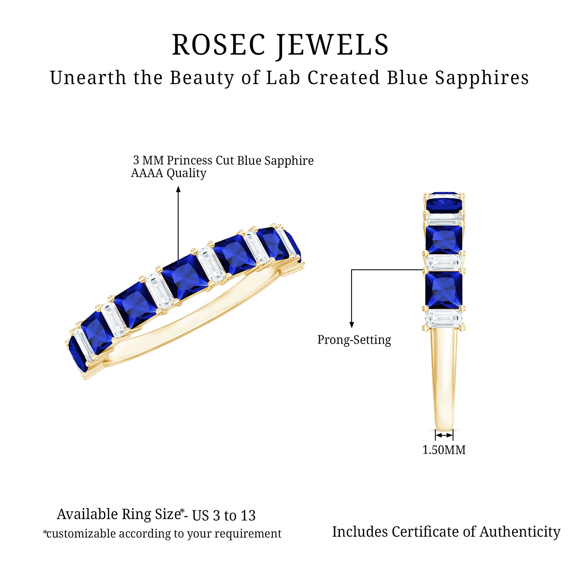 Princess Cut Lab Grown Blue Sapphire Half Eternity Ring with Diamond AAAA - Rosec Jewels