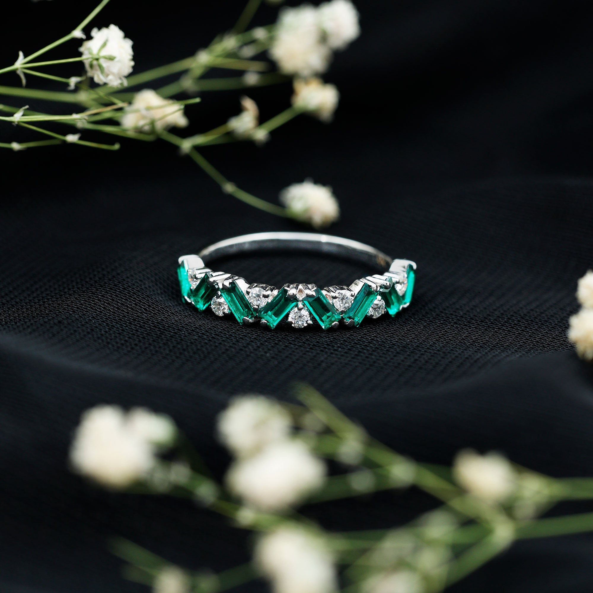 Baguette Shape Lab Grown Emerald and Diamond Half Eternity Ring AAAA - Rosec Jewels