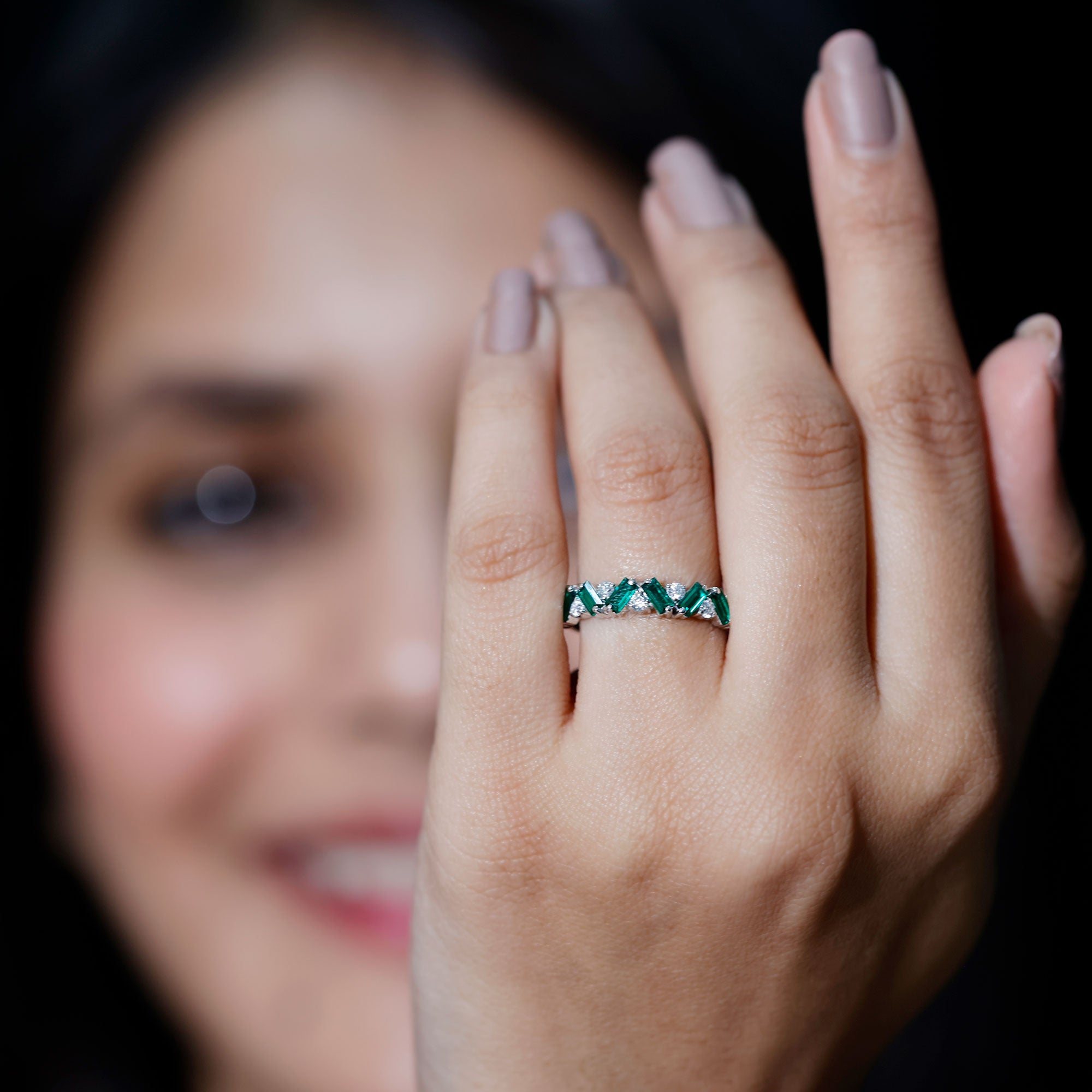 Baguette Shape Lab Grown Emerald and Diamond Half Eternity Ring AAAA - Rosec Jewels