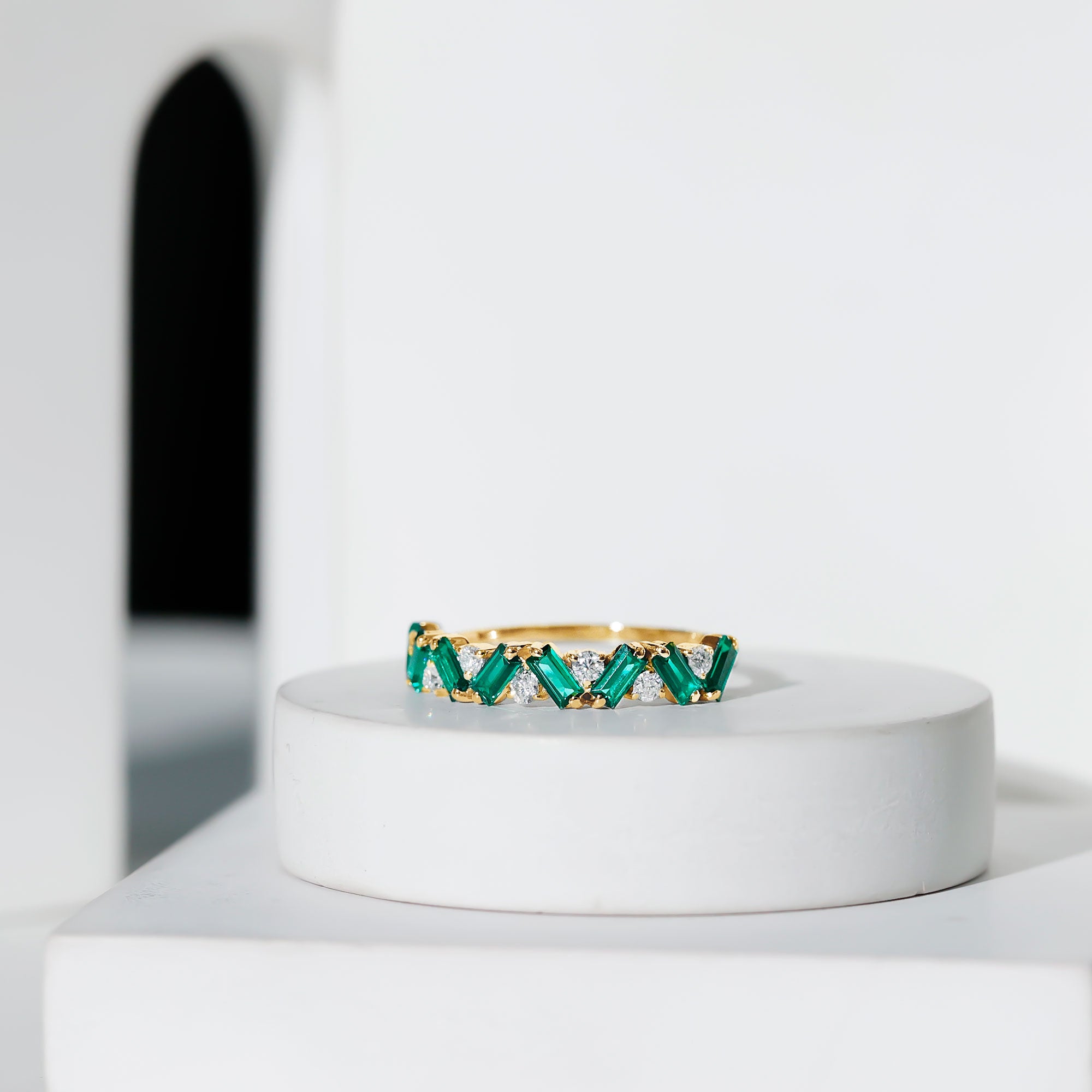 Baguette Shape Lab Grown Emerald and Diamond Half Eternity Ring AAAA - Rosec Jewels
