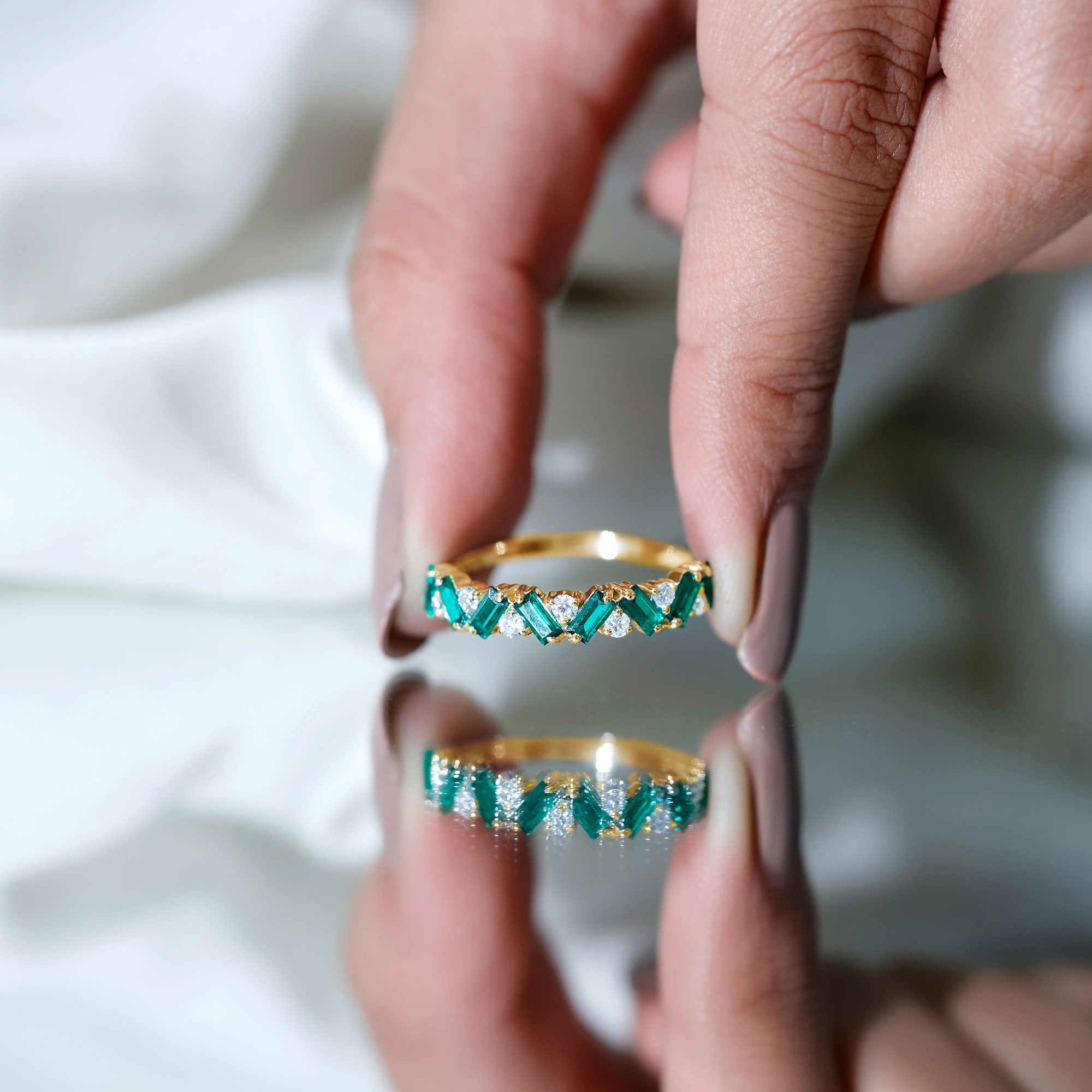 Baguette Shape Lab Grown Emerald and Diamond Half Eternity Ring AAAA - Rosec Jewels