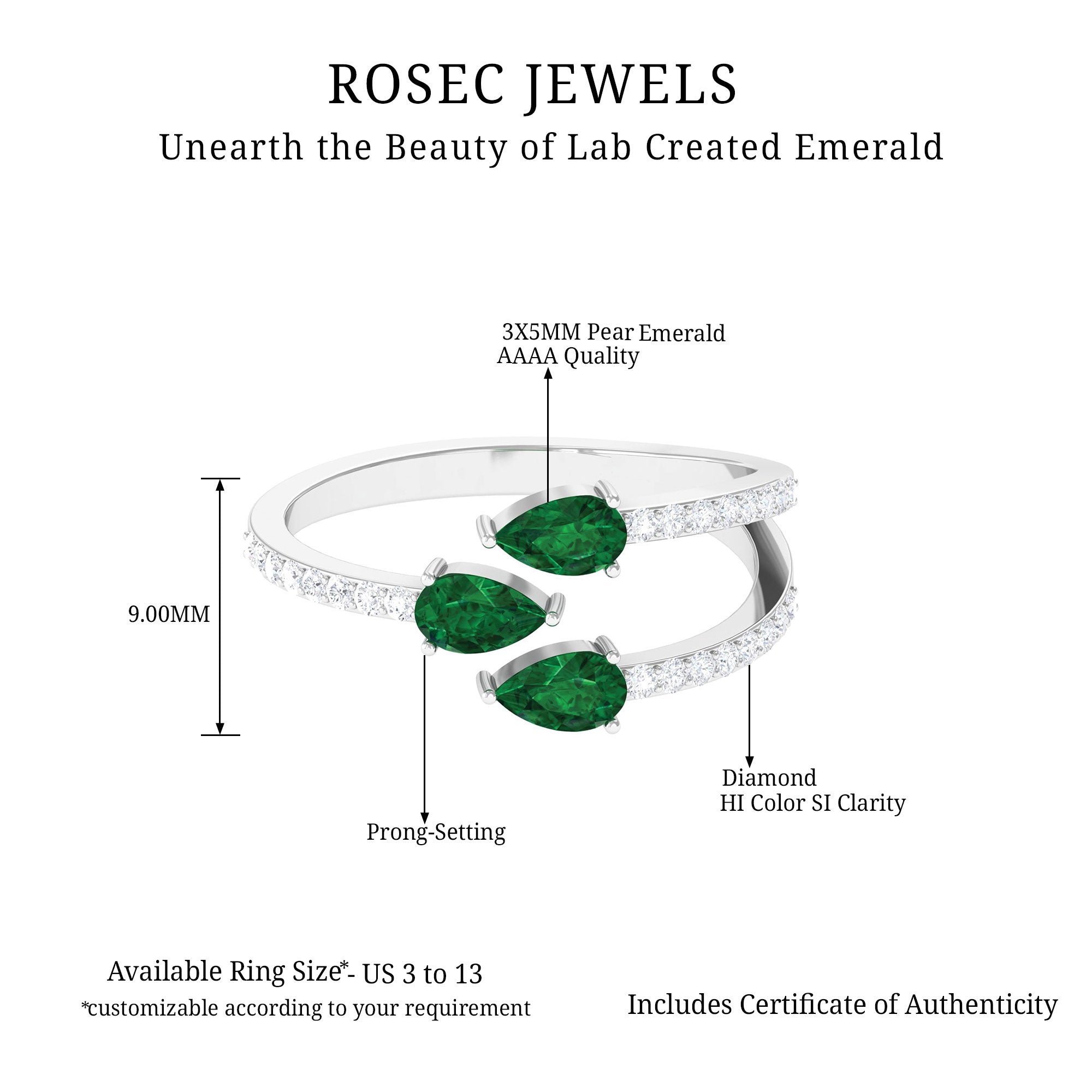 3 Stone Pear Shape Created Emerald Wrap Ring with Diamond Lab Created Emerald - ( AAAA ) - Quality - Rosec Jewels