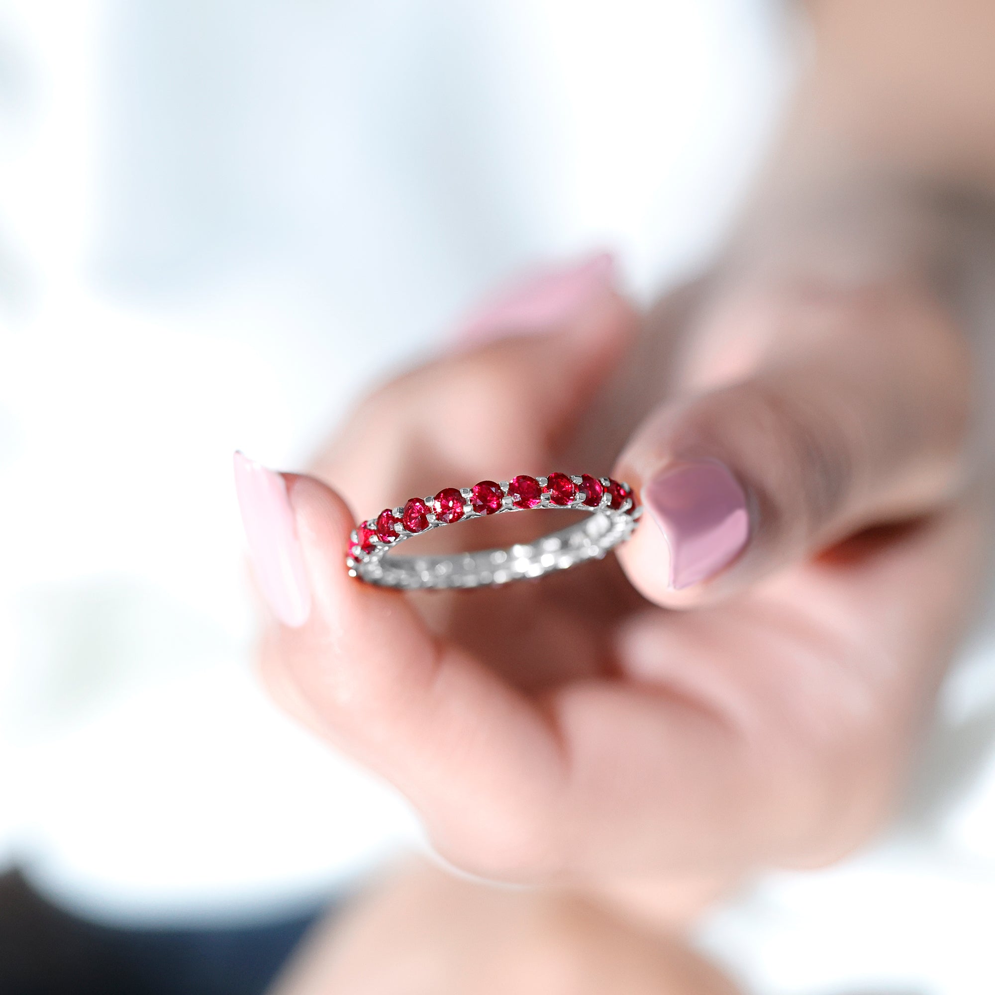 Shared Prong Set Round Created Ruby Full Eternity Band Ring AAAA - Rosec Jewels