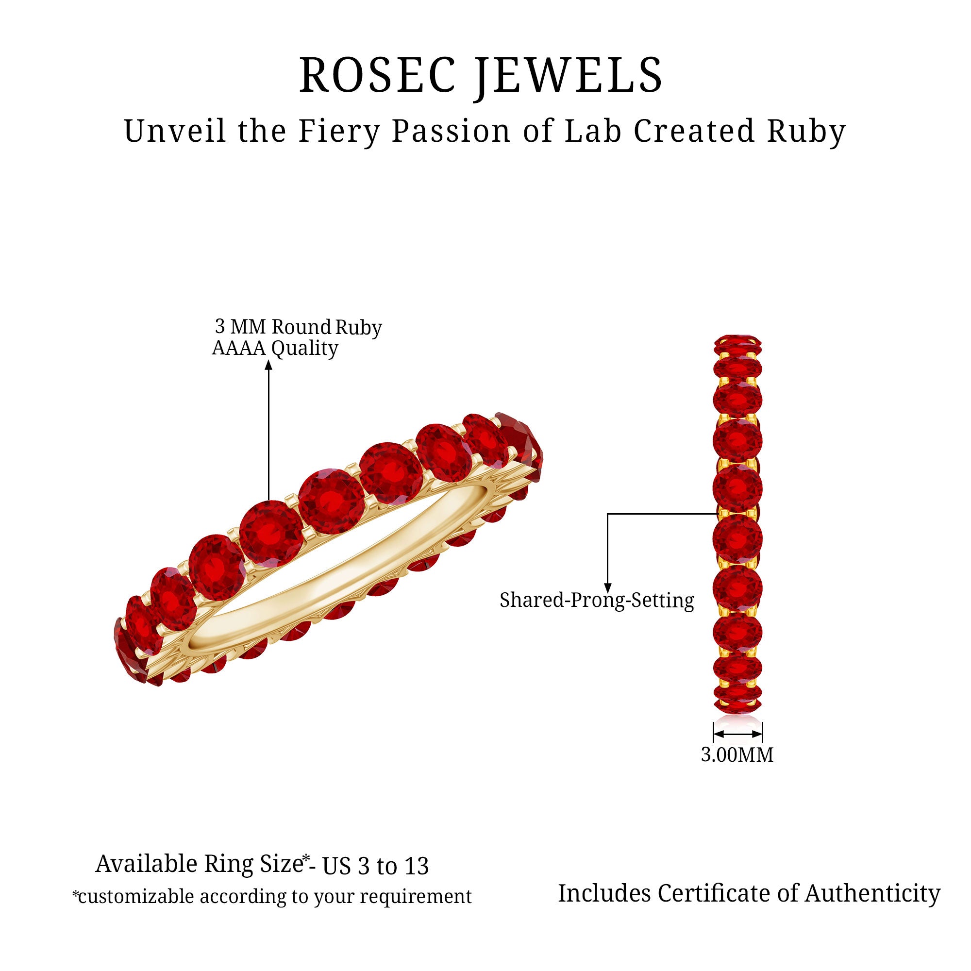 Shared Prong Set Round Created Ruby Full Eternity Band Ring AAAA - Rosec Jewels