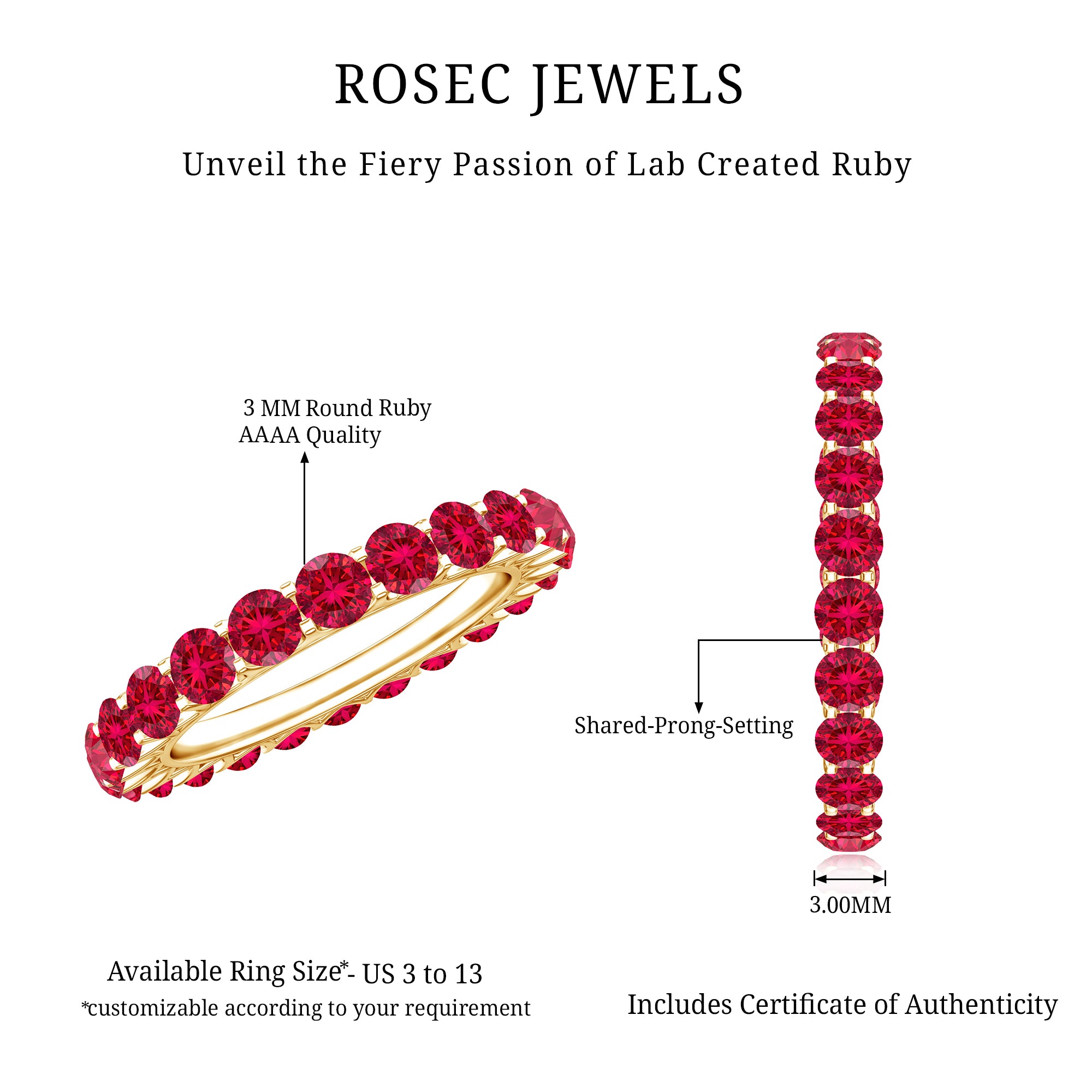 Shared Prong Set Round Created Ruby Full Eternity Band Ring AAAA - Rosec Jewels