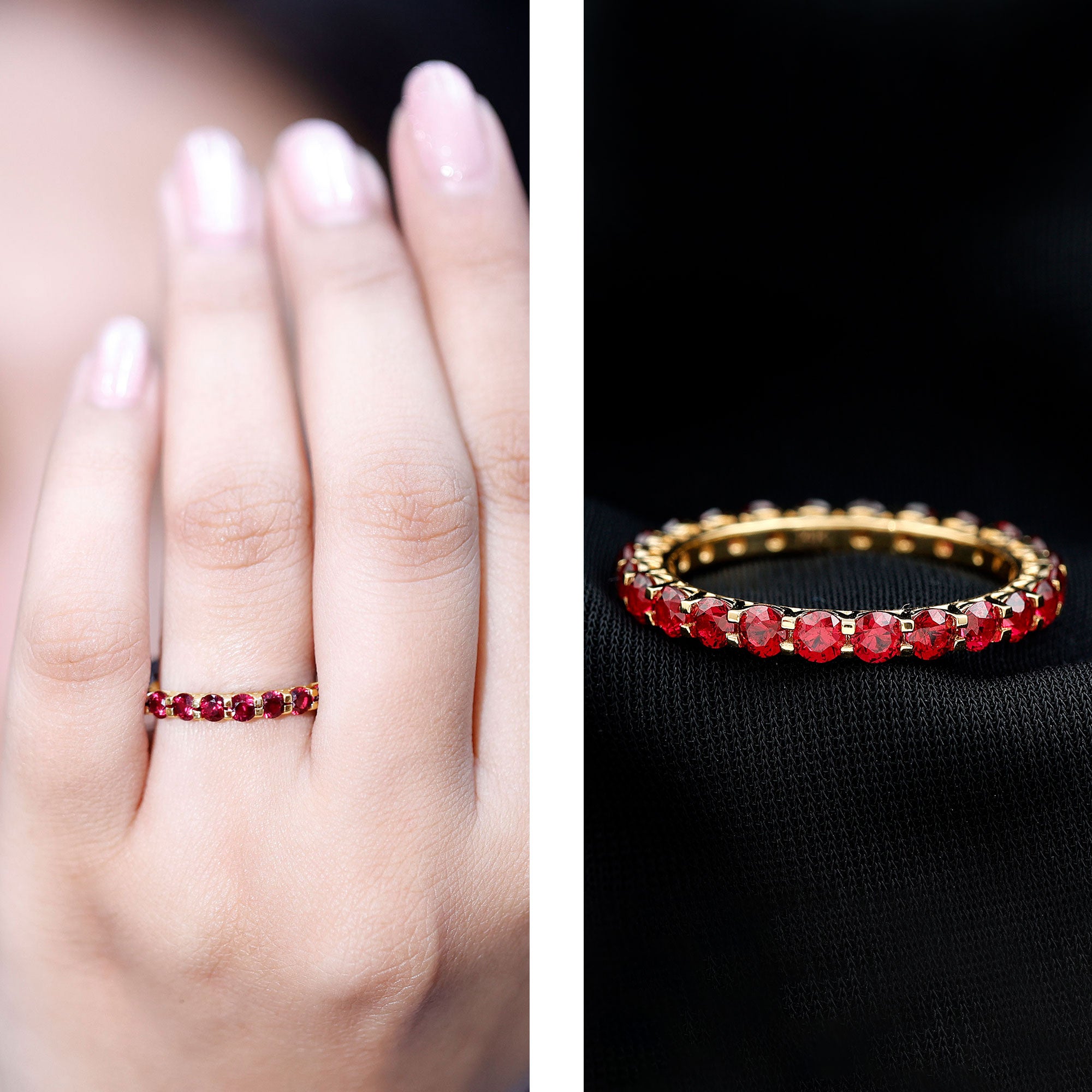 Shared Prong Set Round Created Ruby Full Eternity Band Ring AAAA - Rosec Jewels