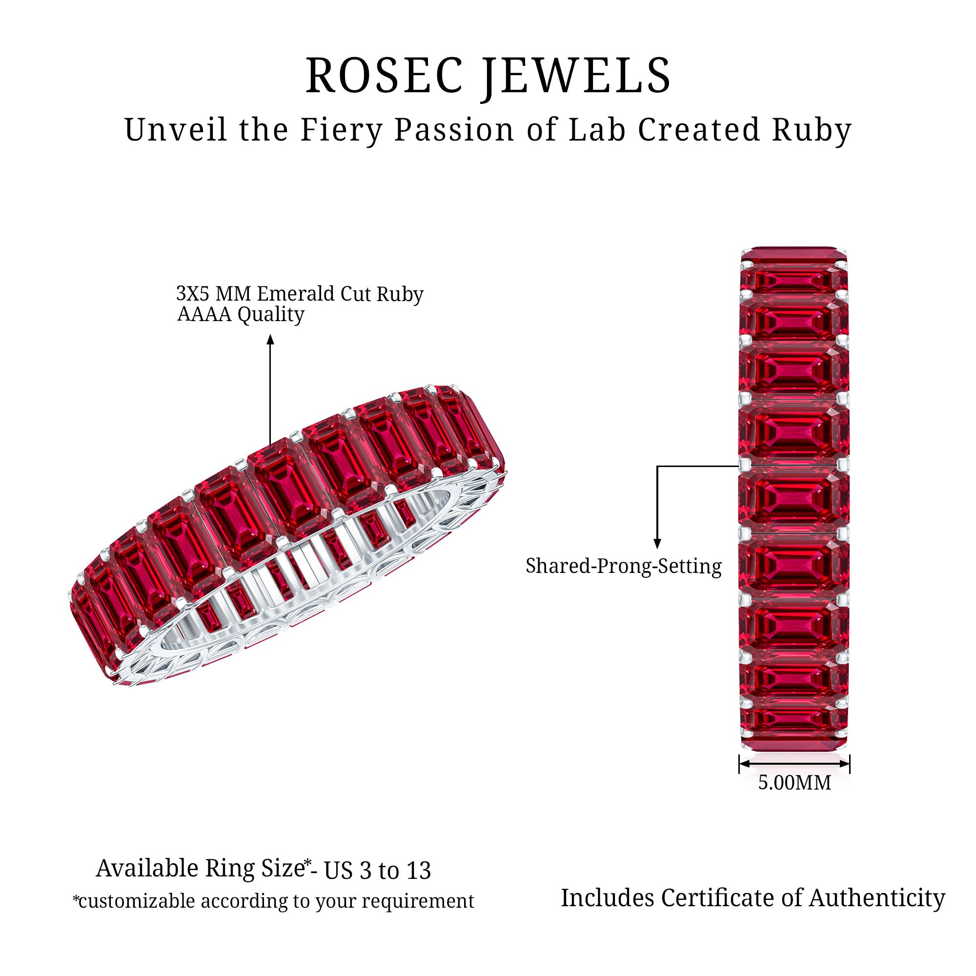 Emerald Cut Lab Grown Ruby Full Eternity Wide Band Ring AAAA - Rosec Jewels