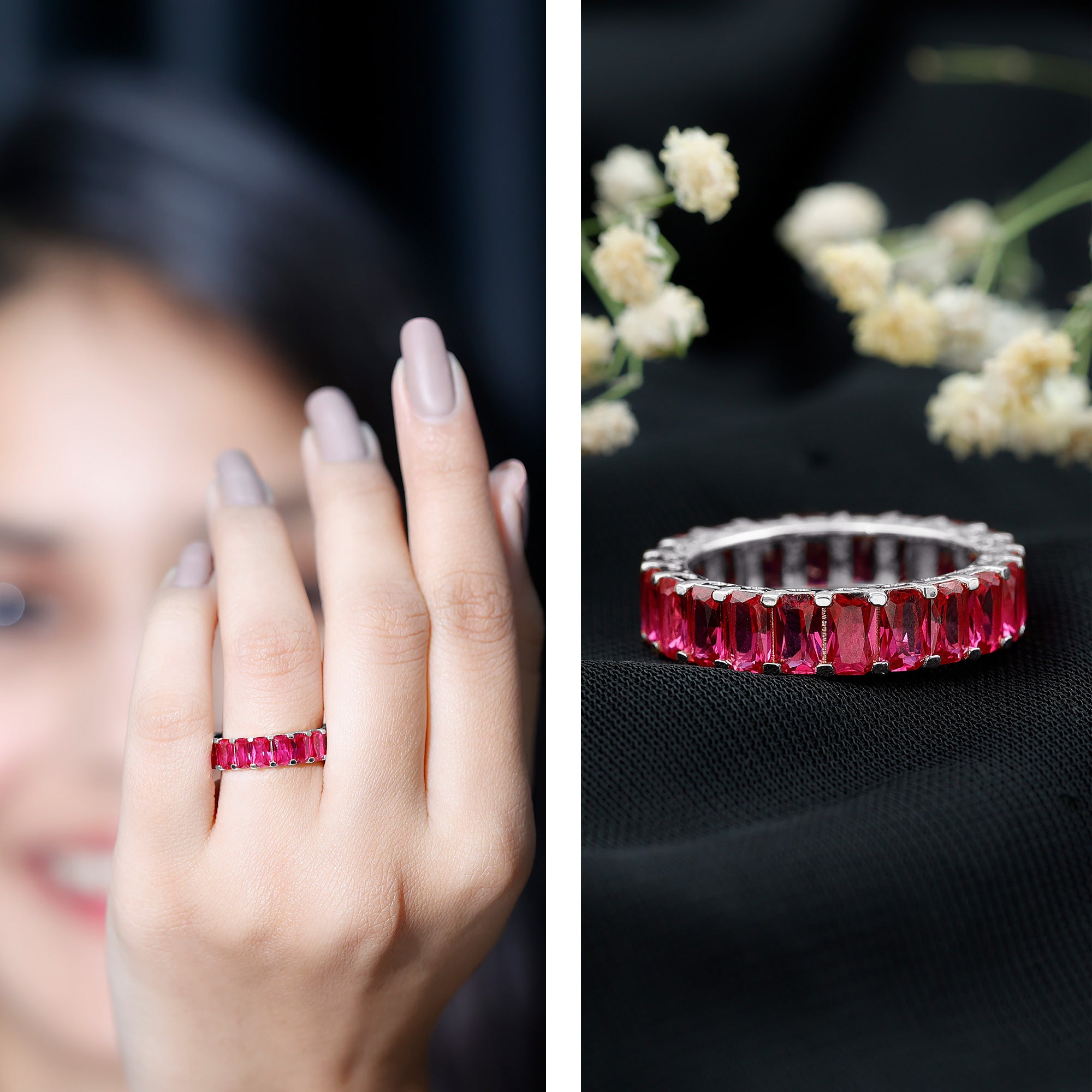 Emerald Cut Lab Grown Ruby Full Eternity Wide Band Ring AAAA - Rosec Jewels
