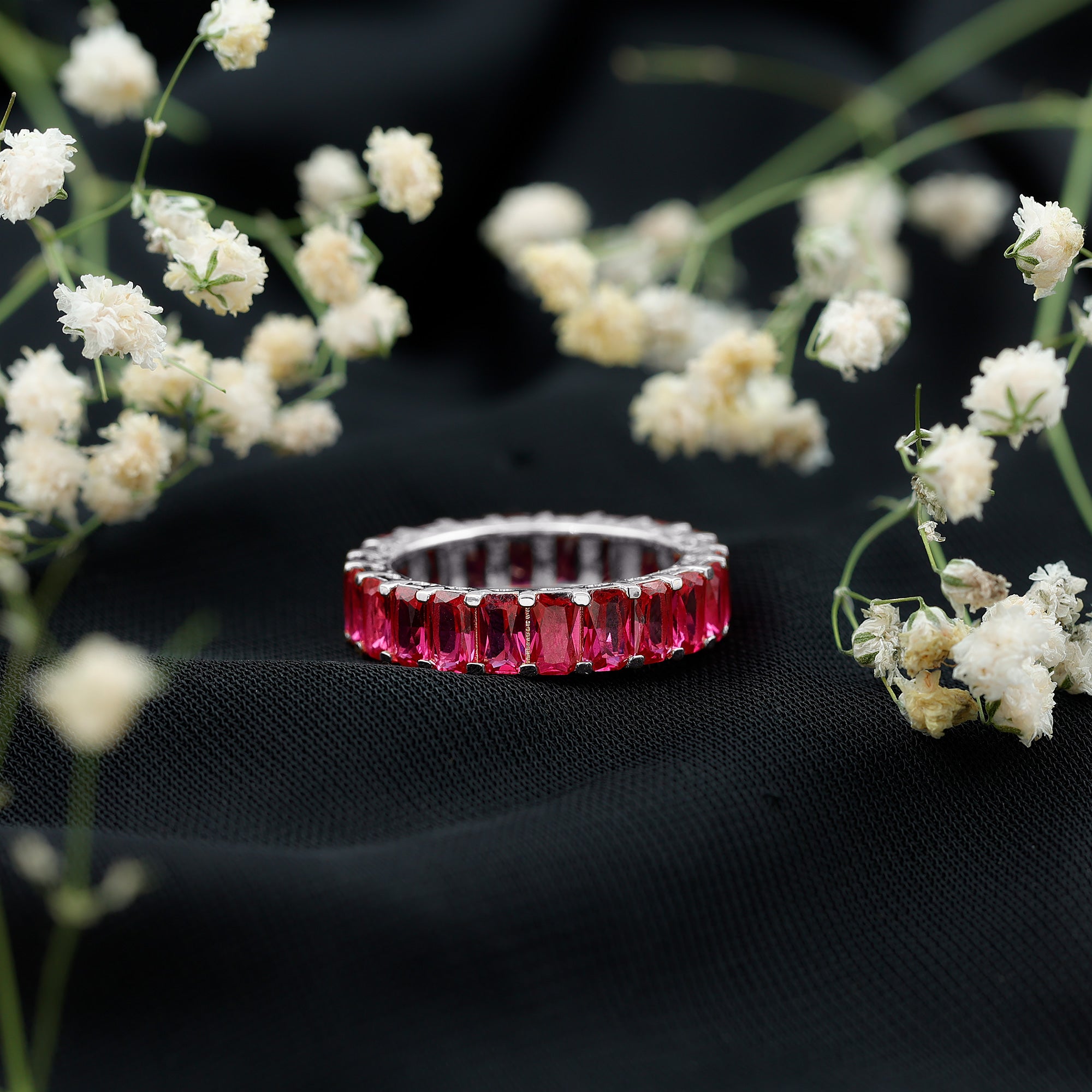 Emerald Cut Lab Grown Ruby Full Eternity Wide Band Ring AAAA - Rosec Jewels