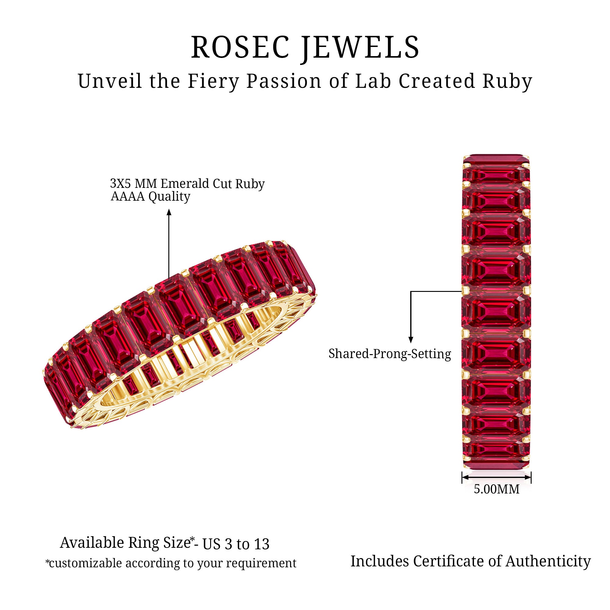 Emerald Cut Lab Grown Ruby Full Eternity Wide Band Ring AAAA - Rosec Jewels