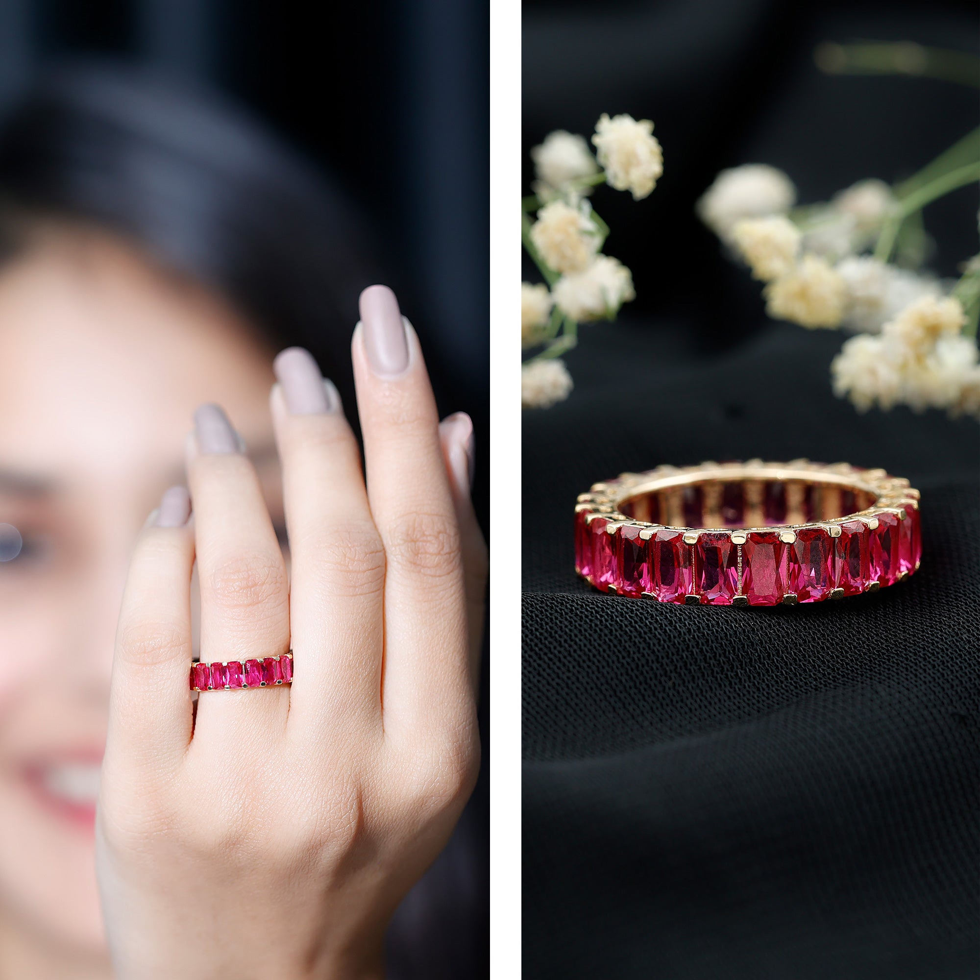 Emerald Cut Lab Grown Ruby Full Eternity Wide Band Ring AAAA - Rosec Jewels