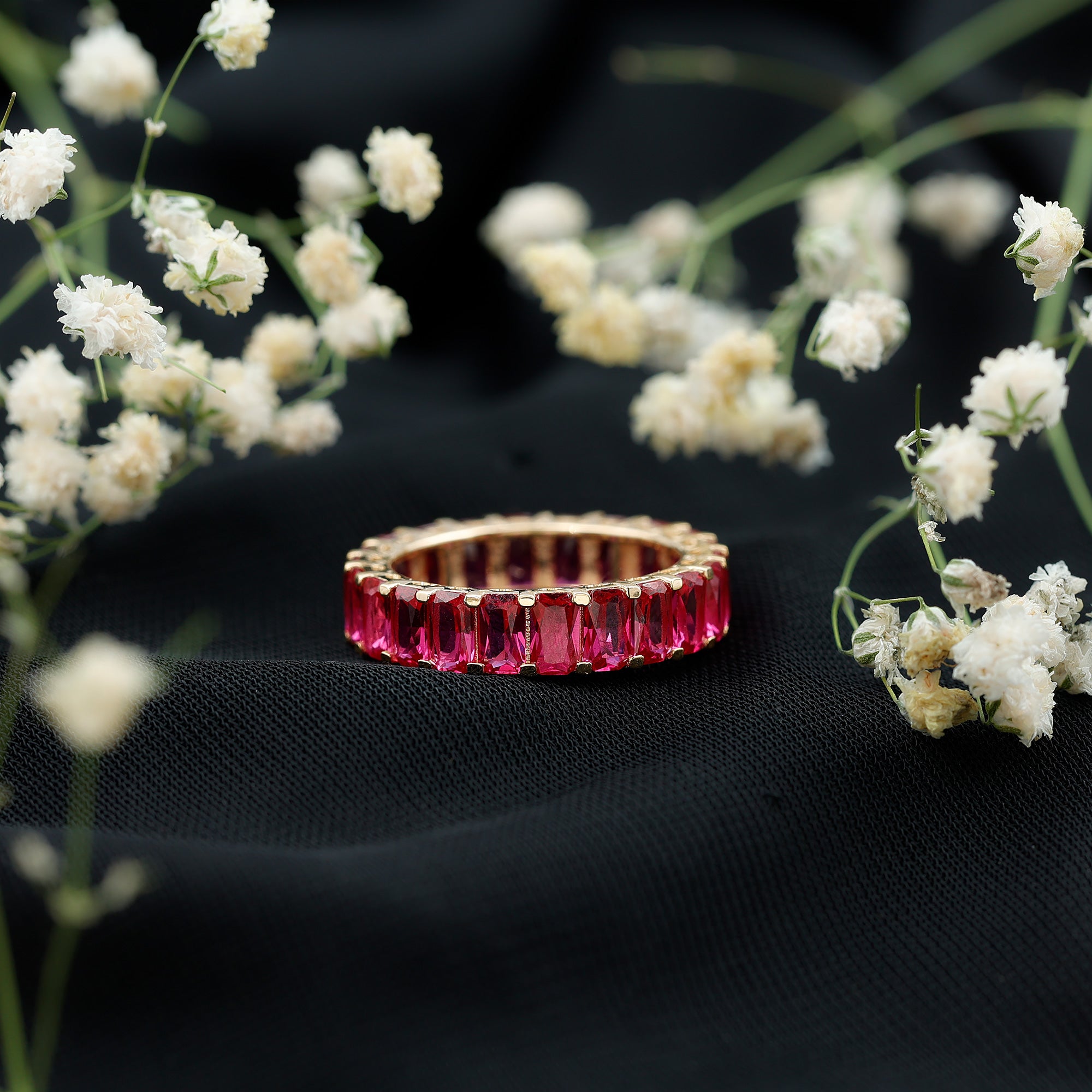 Emerald Cut Lab Grown Ruby Full Eternity Wide Band Ring AAAA - Rosec Jewels