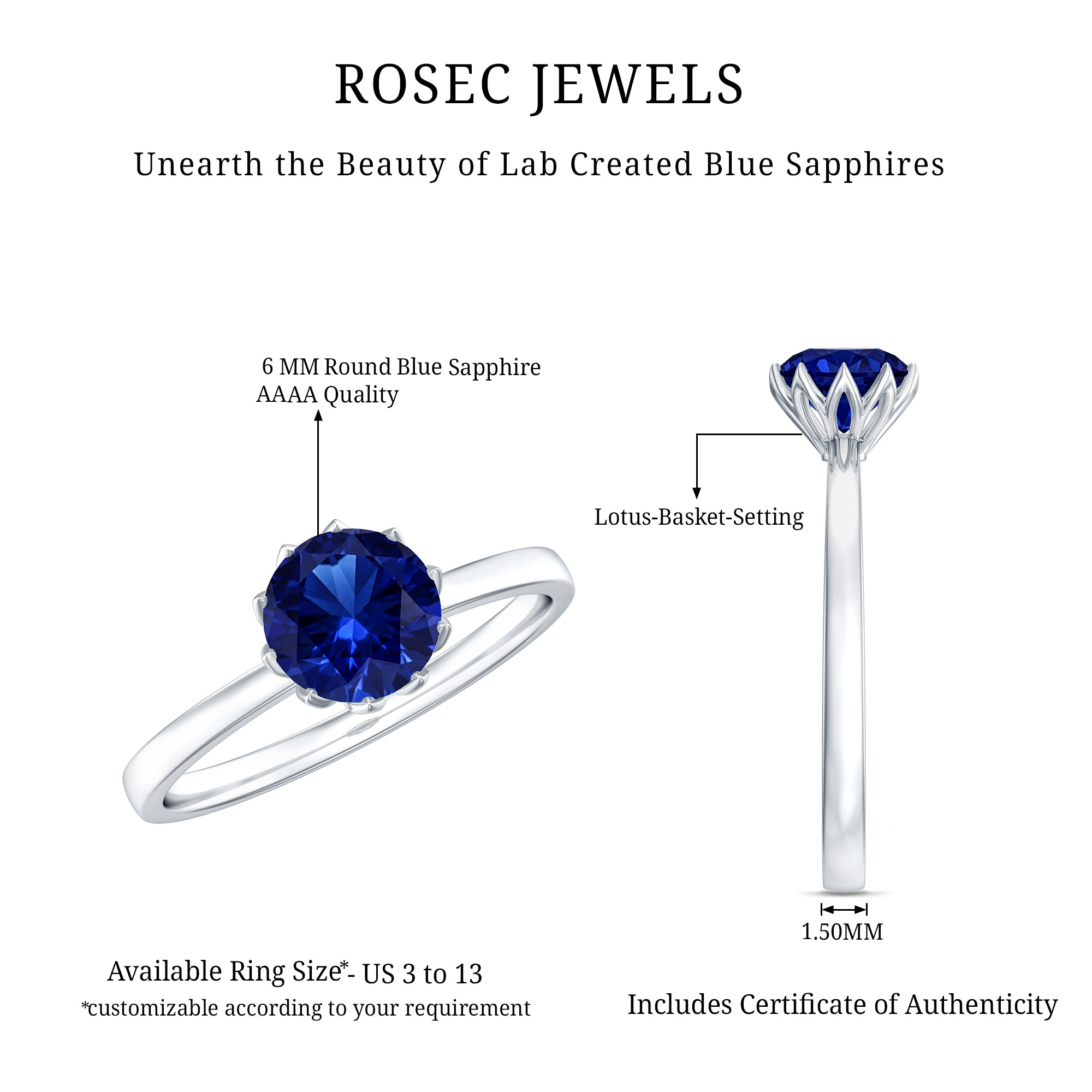 Certified 1 Carat Lab Grown Blue Sapphire Solitaire Engagement Ring AAAA - Rosec Jewels