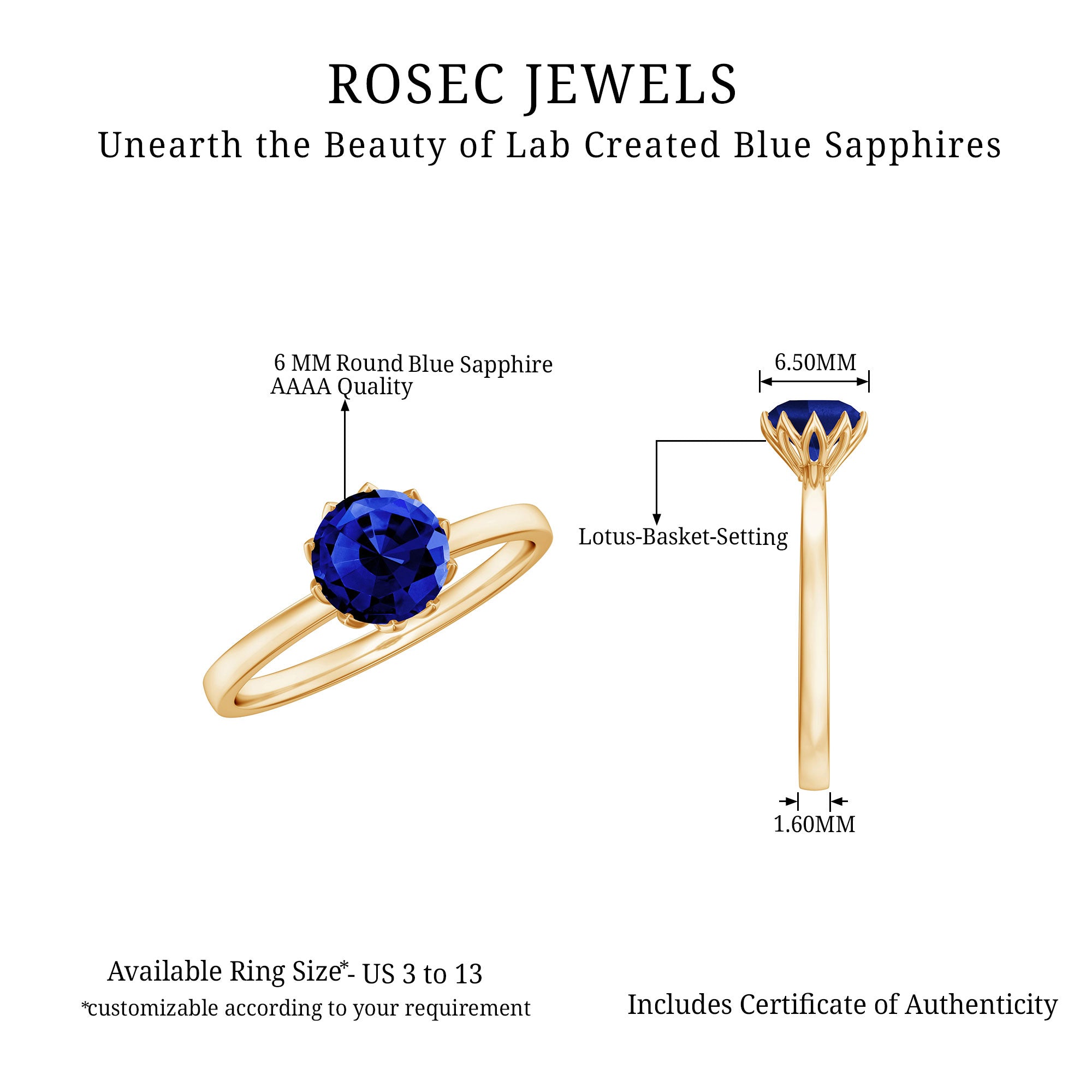 Certified 1 Carat Lab Grown Blue Sapphire Solitaire Engagement Ring AAAA - Rosec Jewels