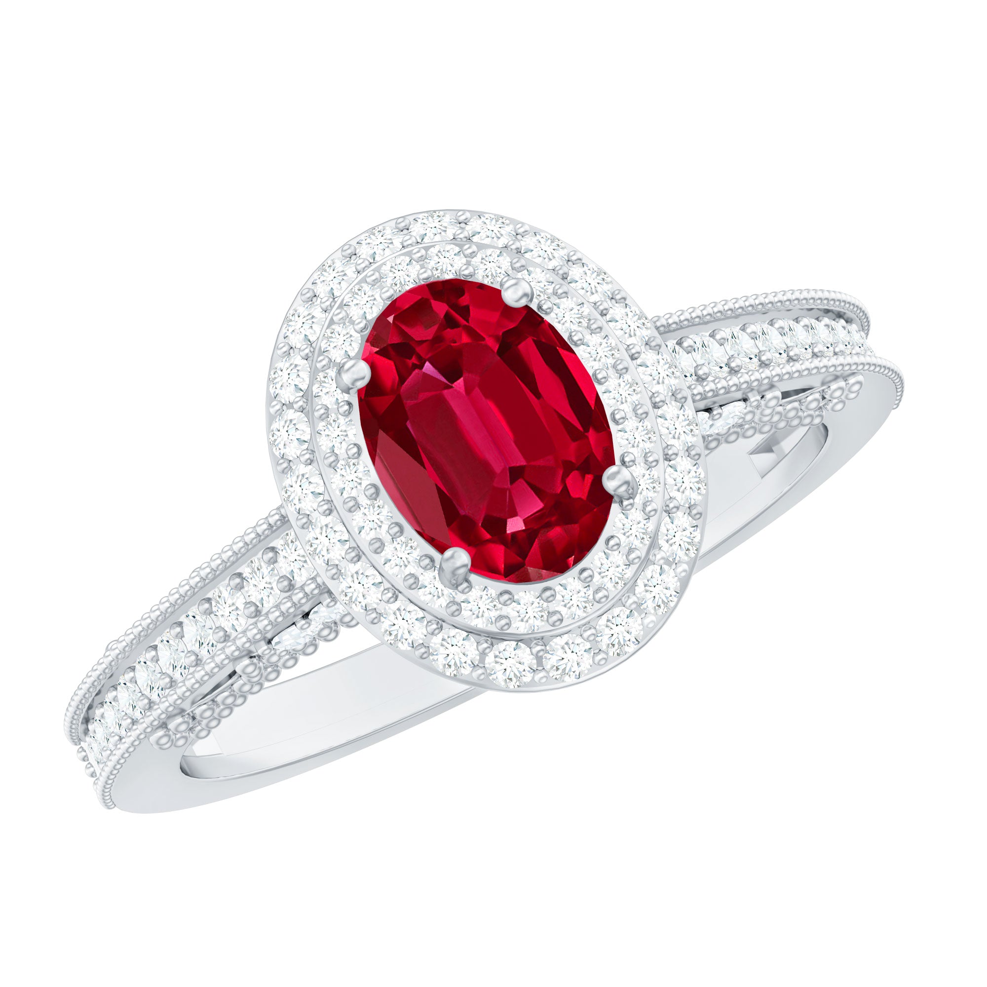 Rosec Jewels-Oval Created Ruby Double Halo Engagement Ring with Diamond