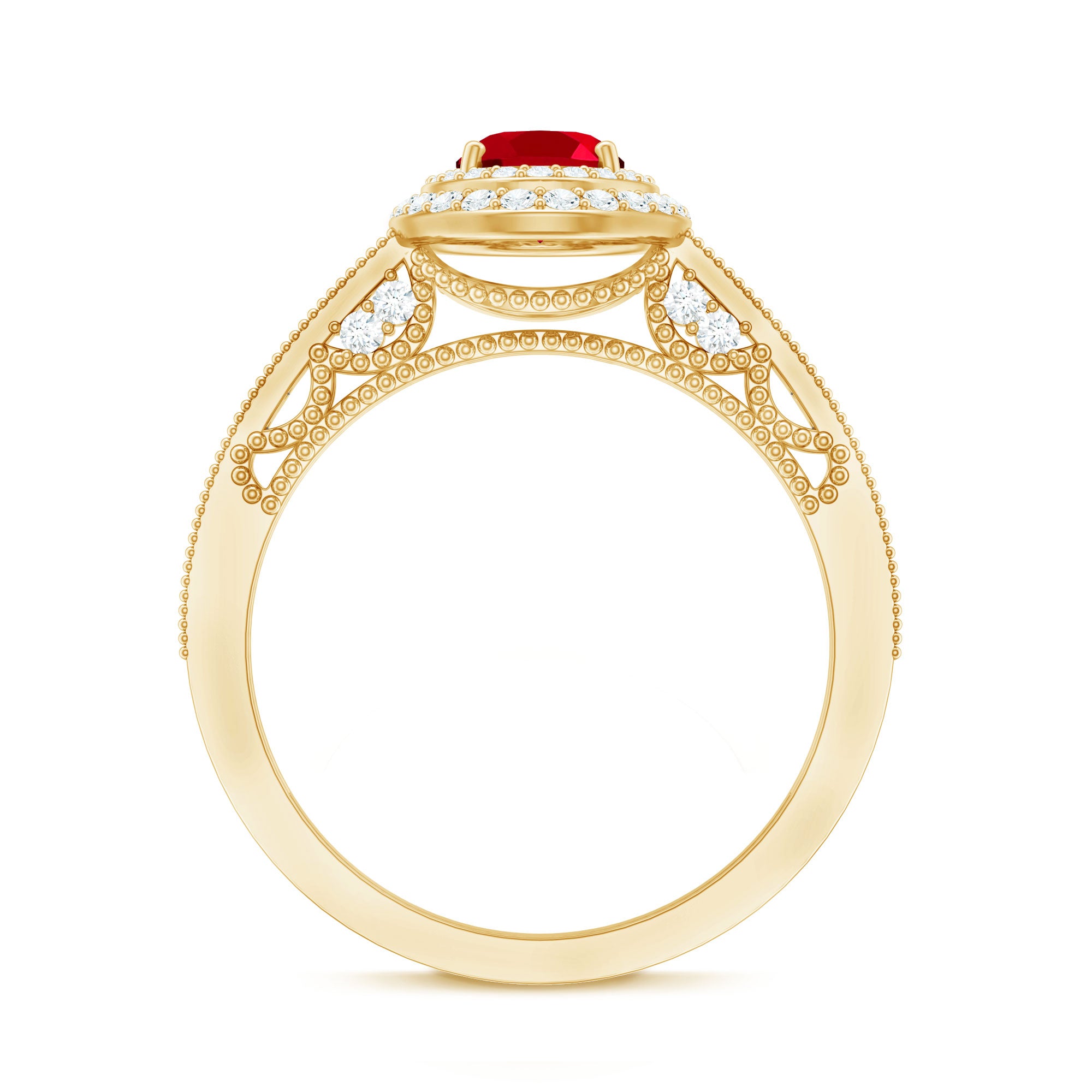 Rosec Jewels-Oval Created Ruby Double Halo Engagement Ring with Diamond