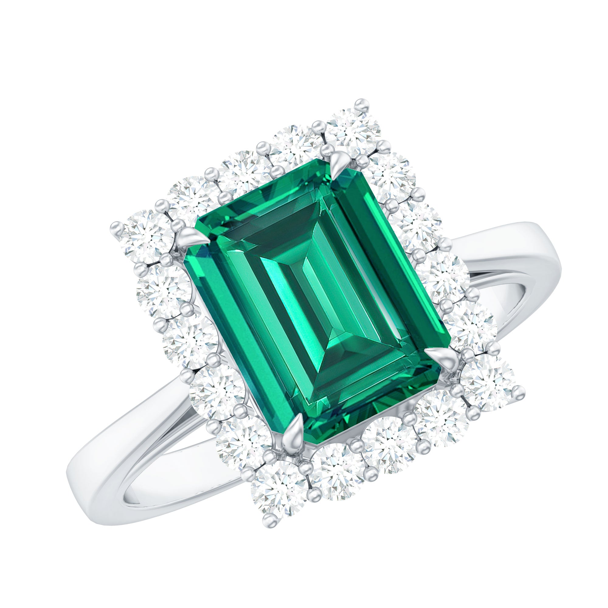 Lab Grown 7X9 mm Emerald Cut Emerald Vintage Engagement Ring with Diamond Halo