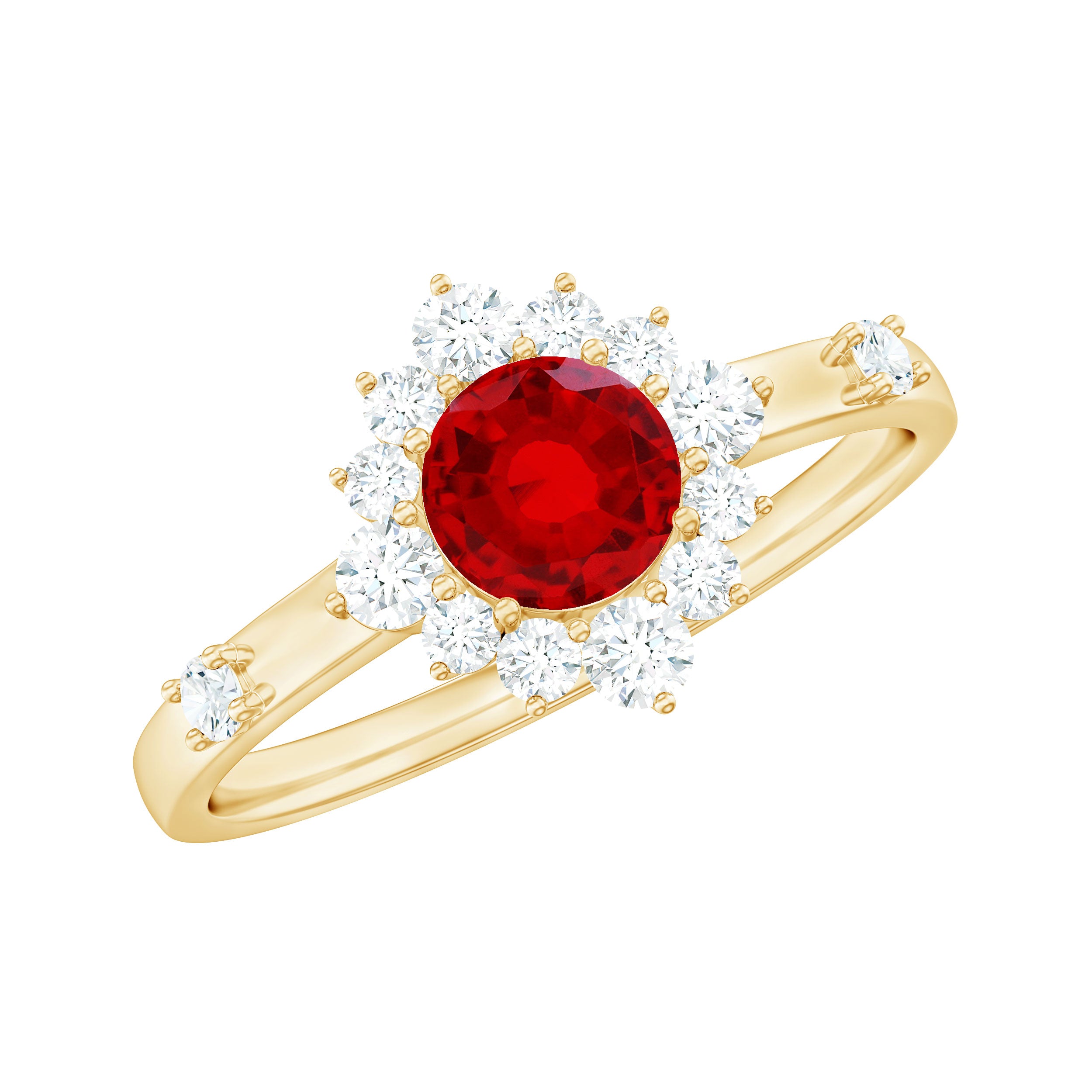 Round Lab Created Ruby Promise Ring with Diamond Halo AAAA - Rosec Jewels