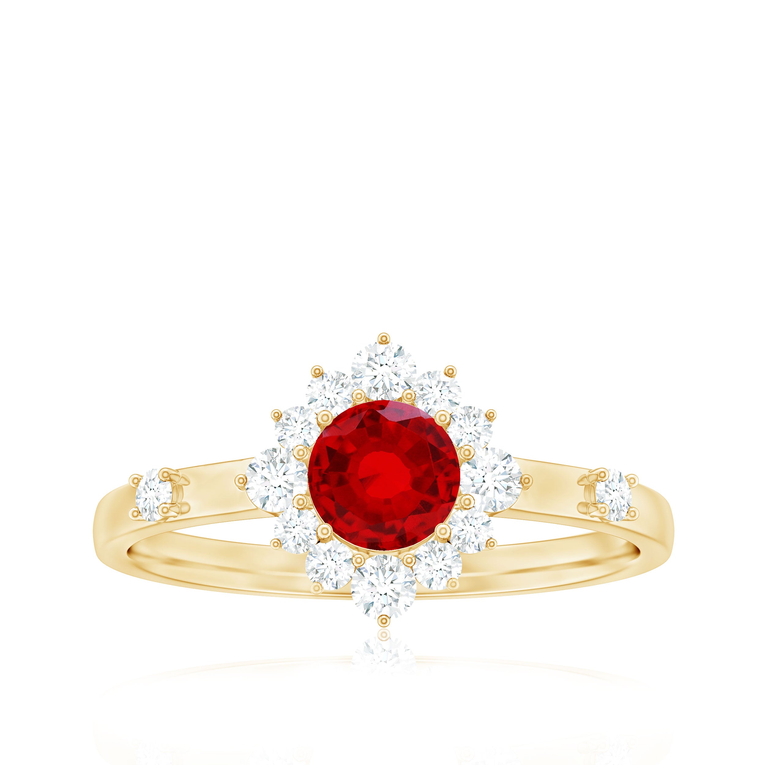 Rosec Jewels-Round Lab Created Ruby Promise Ring with Diamond Halo