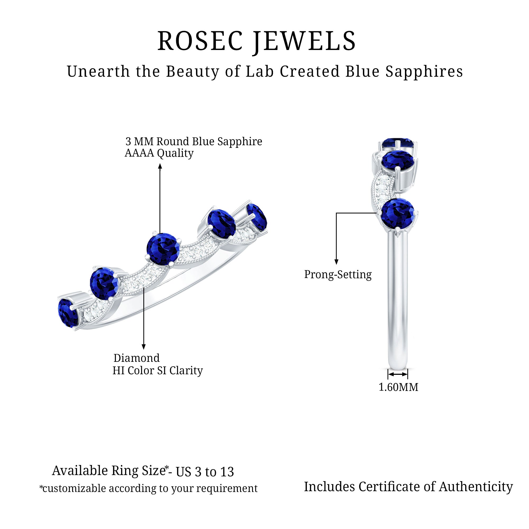 Certified Lab Grown Blue Sapphire Diamond Half Eternity Ring for Anniversary AAAA - Rosec Jewels