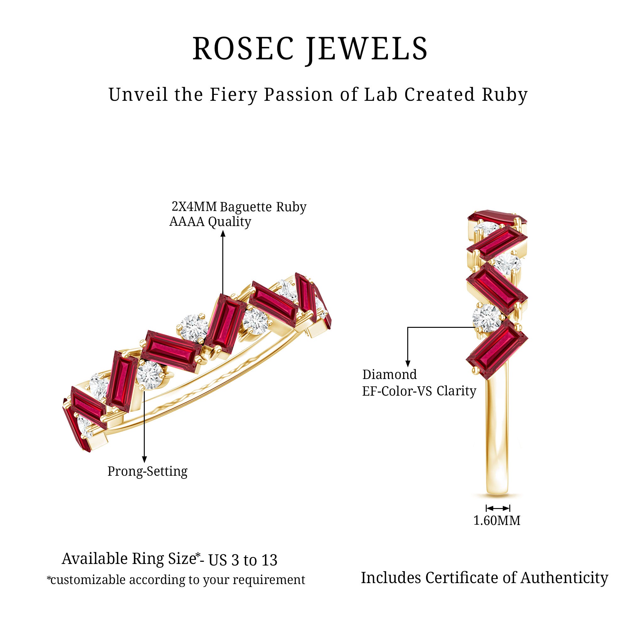 Baguette Shape Lab Grown Ruby Half Eternity Band with Diamond AAAA - Rosec Jewels