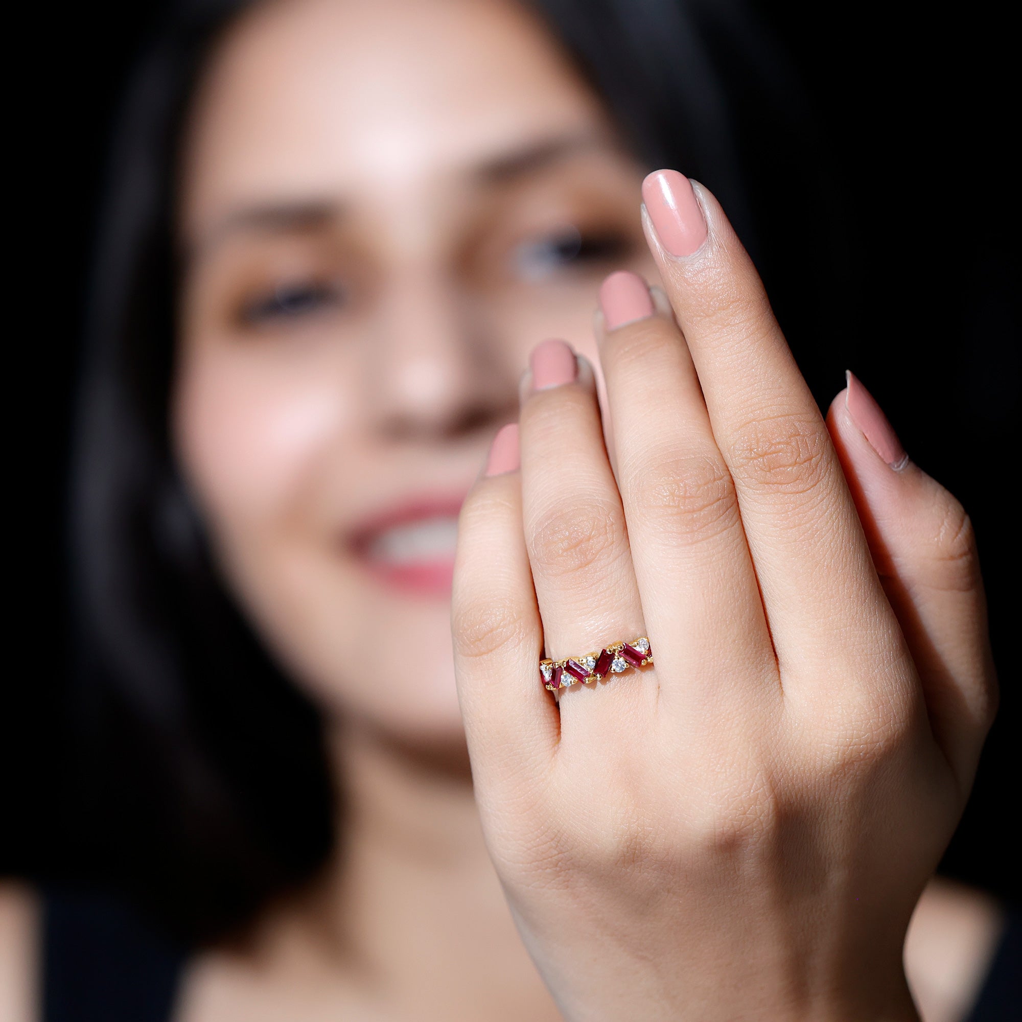 Baguette Shape Lab Grown Ruby Half Eternity Band with Diamond AAAA - Rosec Jewels