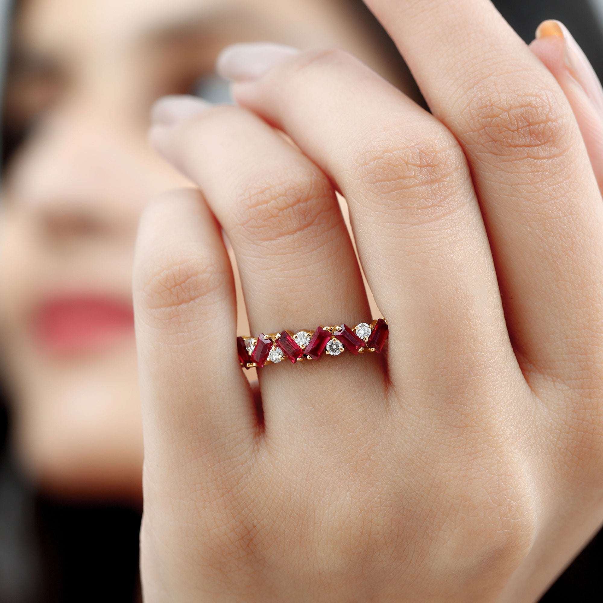 Baguette Shape Lab Grown Ruby Half Eternity Band with Diamond AAAA - Rosec Jewels