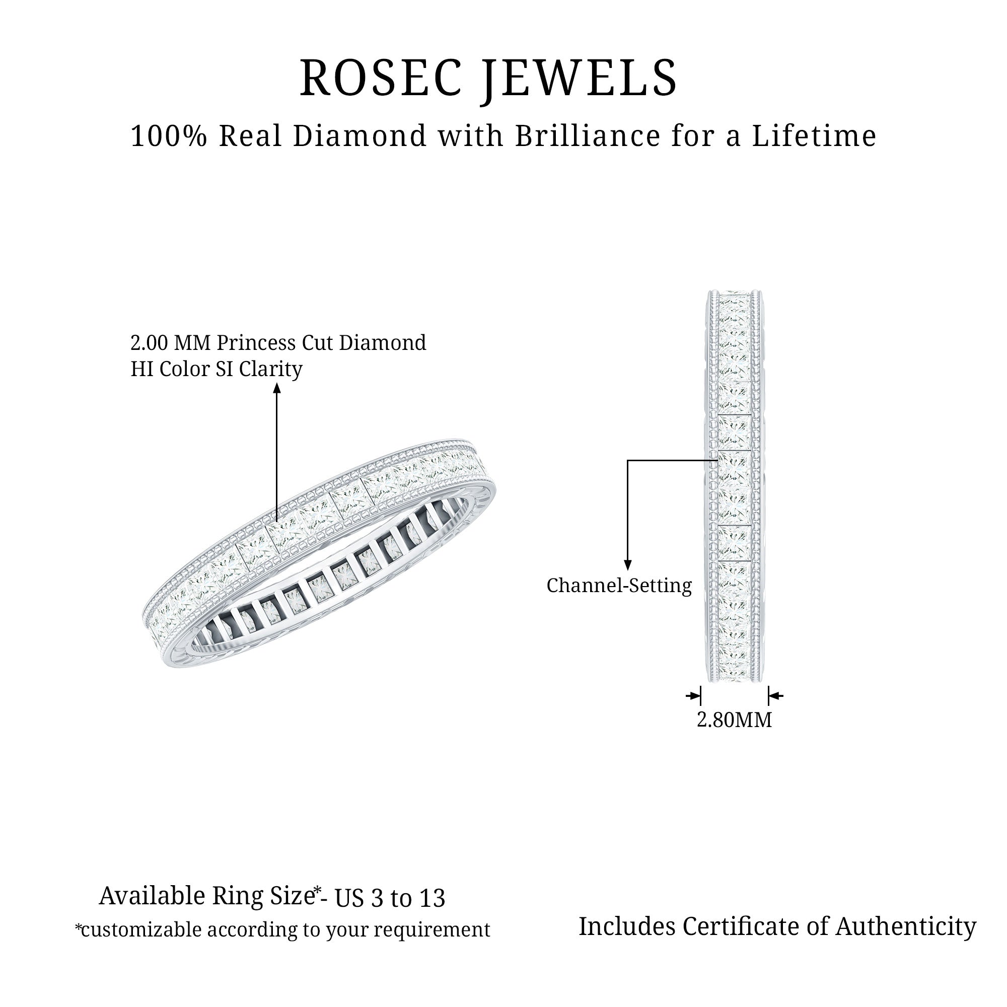 Certified Princess Cut Lab Grown Diamond Eternity Wedding Band Lab - ( EF-VS ) - Rosec Jewels